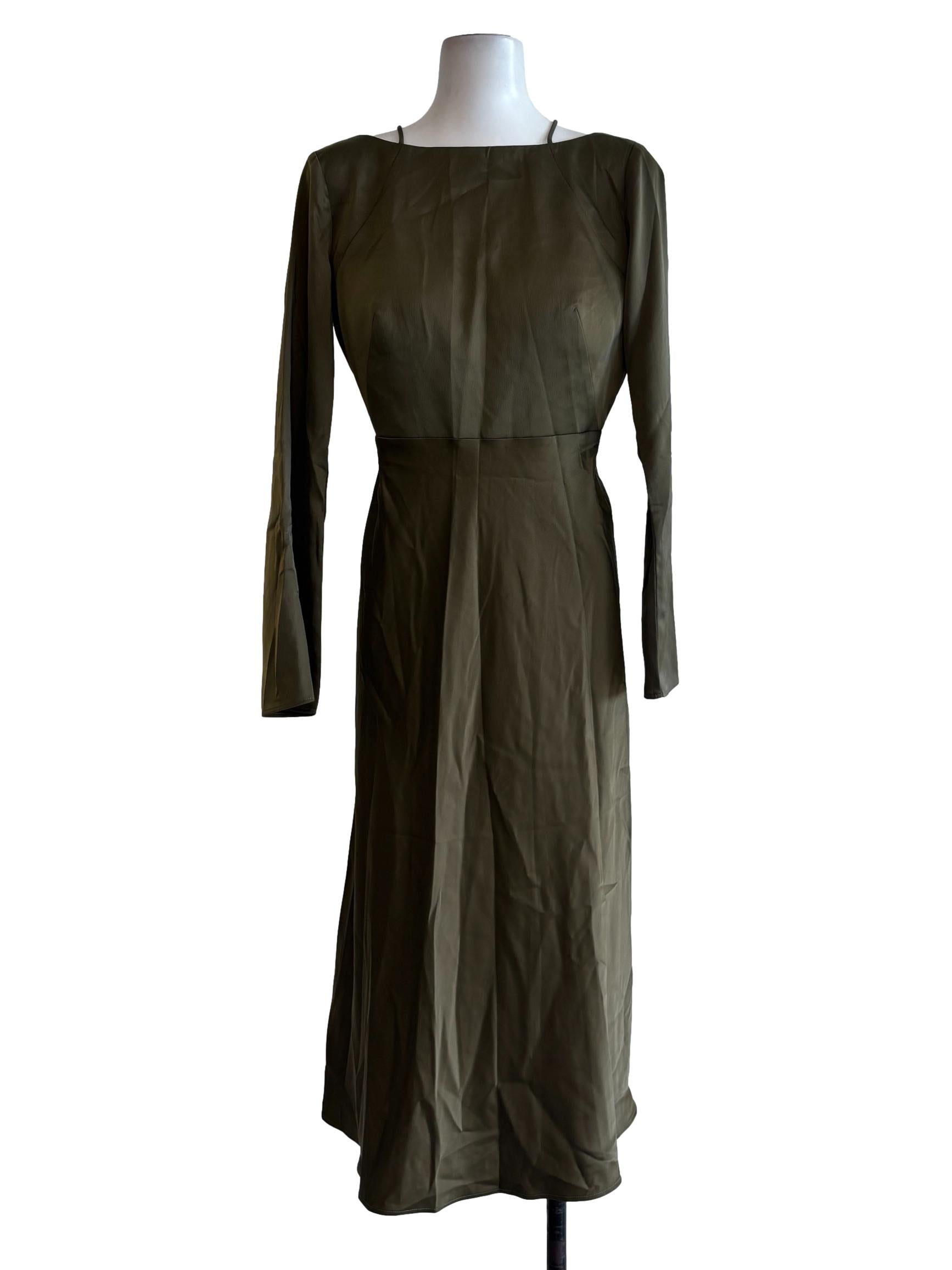 Olive Green Long Sleeve Satin Dress
