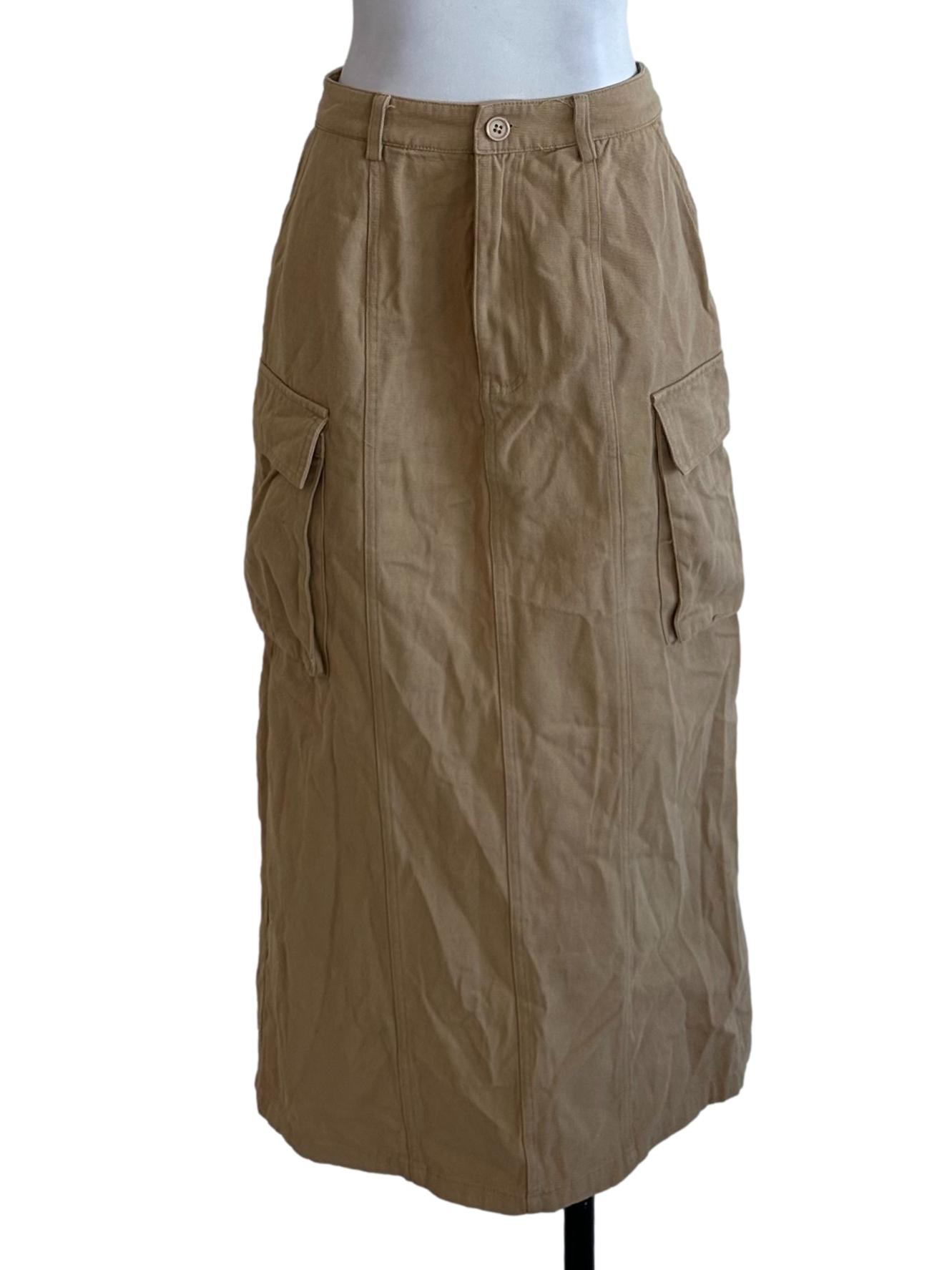 Khaki Brown Denim Cargo Slit Skirt