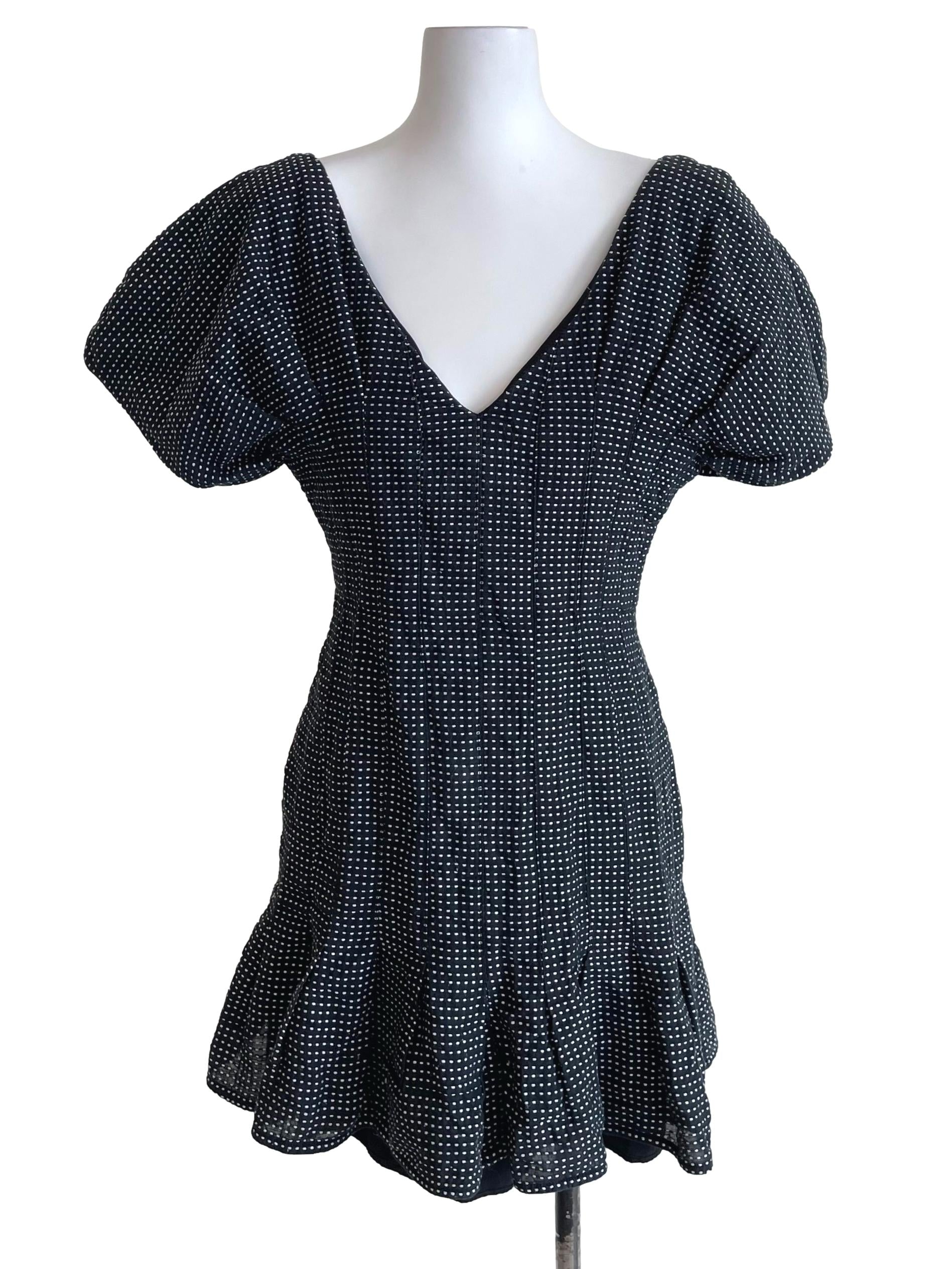 Charcoal Black Dots Puff Sleeves Dress