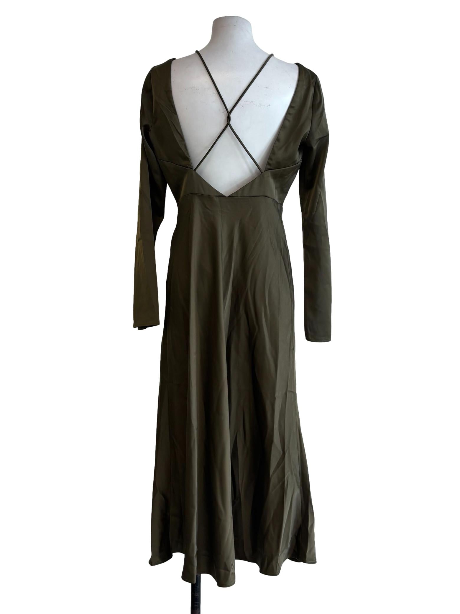 Olive Green Long Sleeve Satin Dress