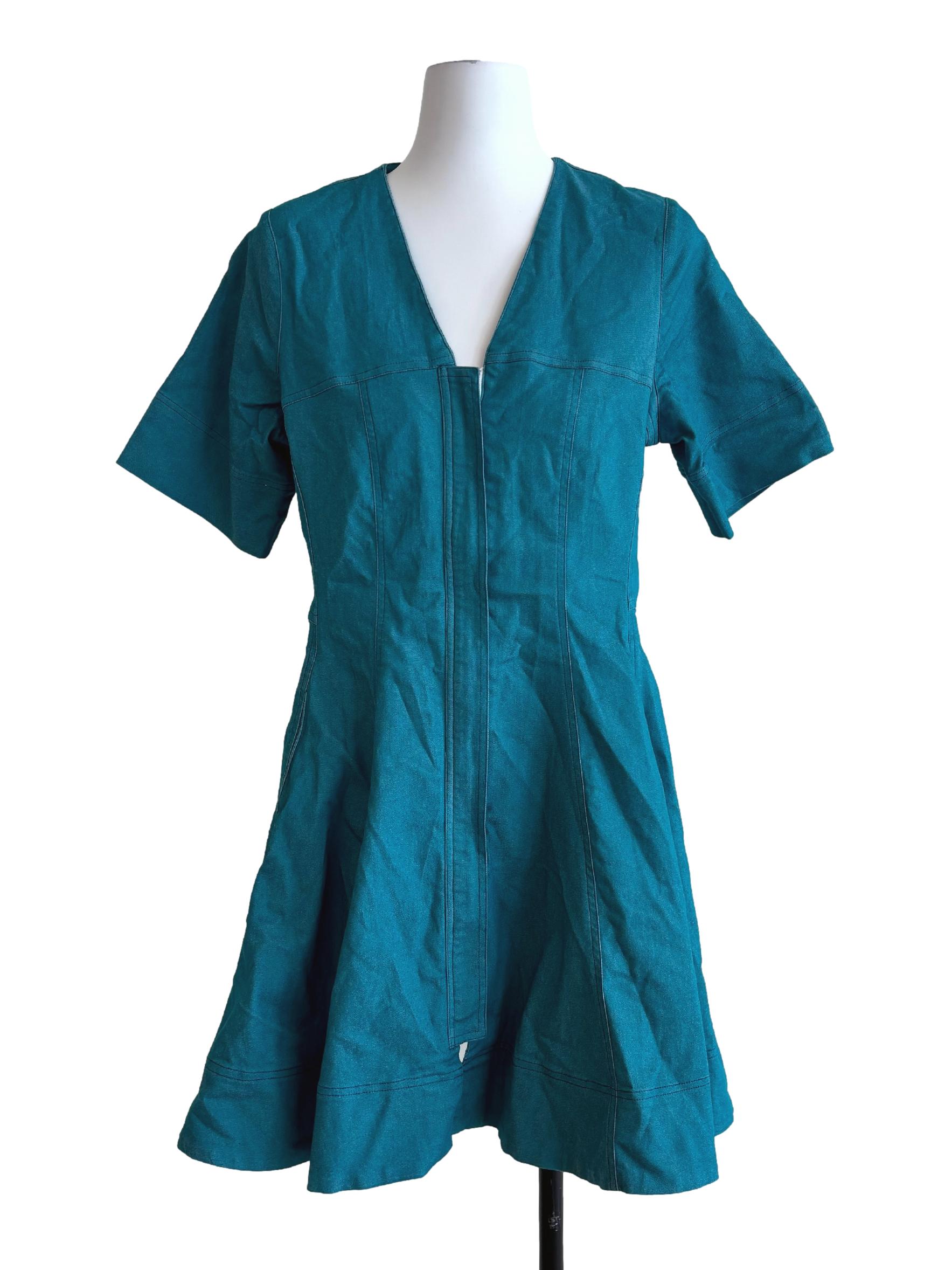 Teal Blue Zip Up Denim Dress
