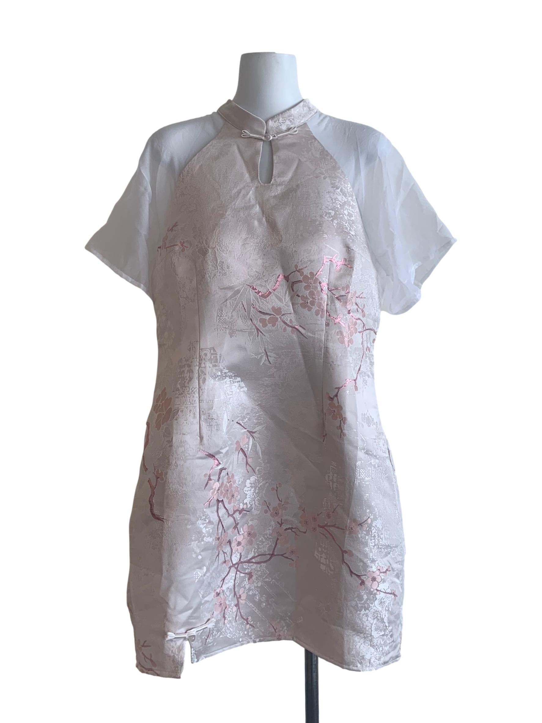 Crepe Pink Floral Pattern Cheongsam Dress