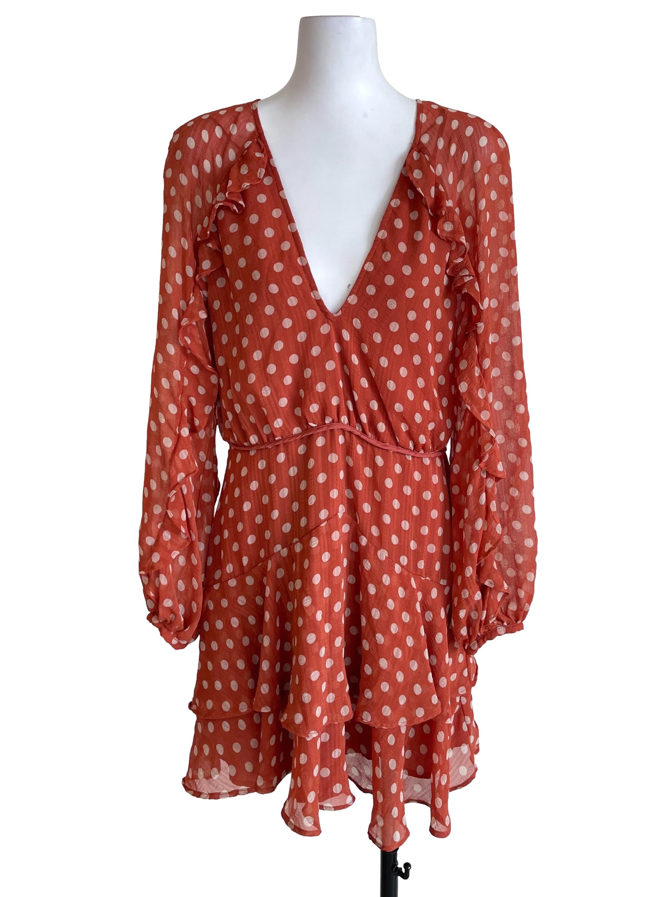 Fire Orange Polka Dots Chiffon Ruffle Dress