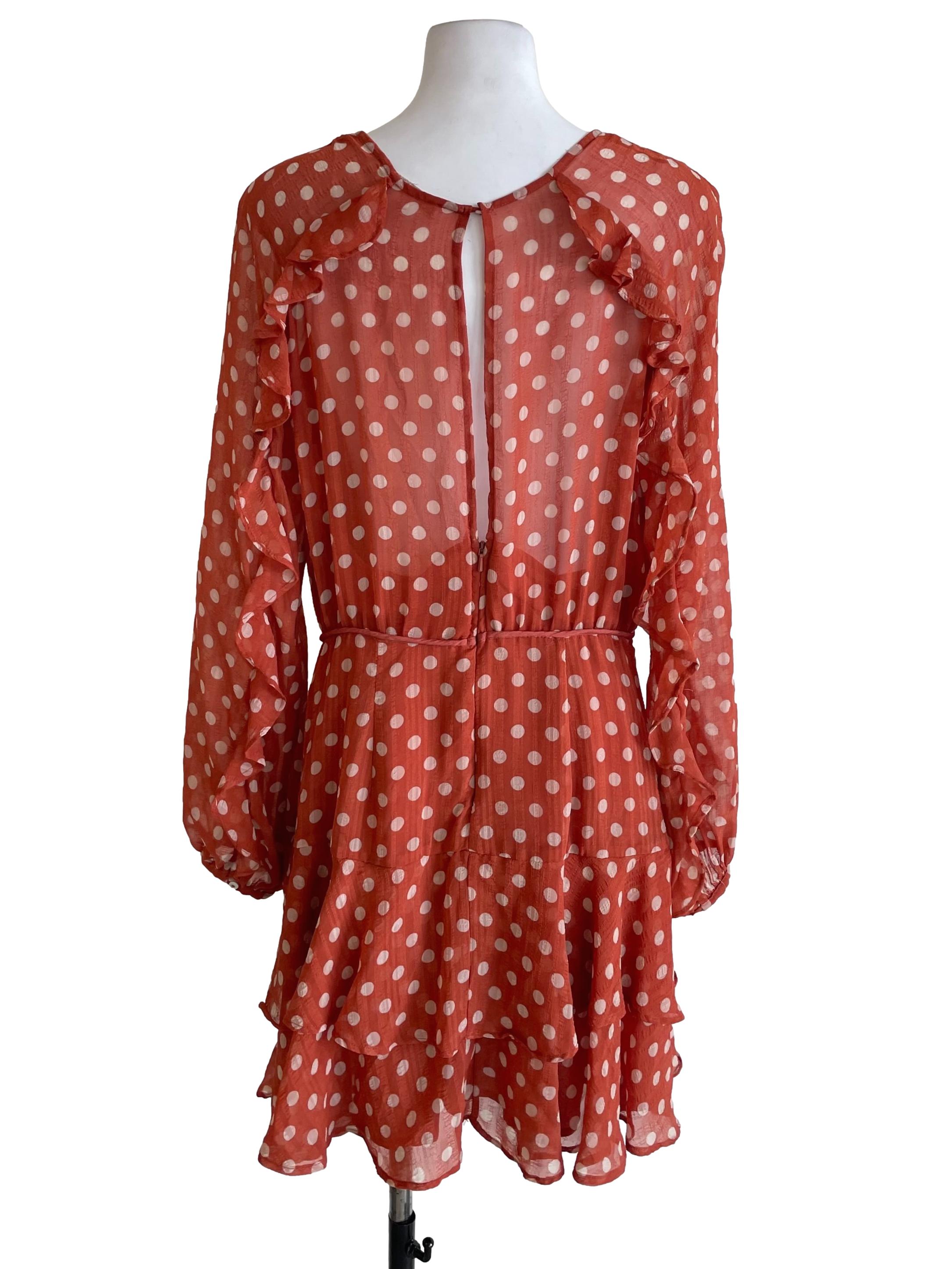 Fire Orange Polka Dots Chiffon Ruffle Dress