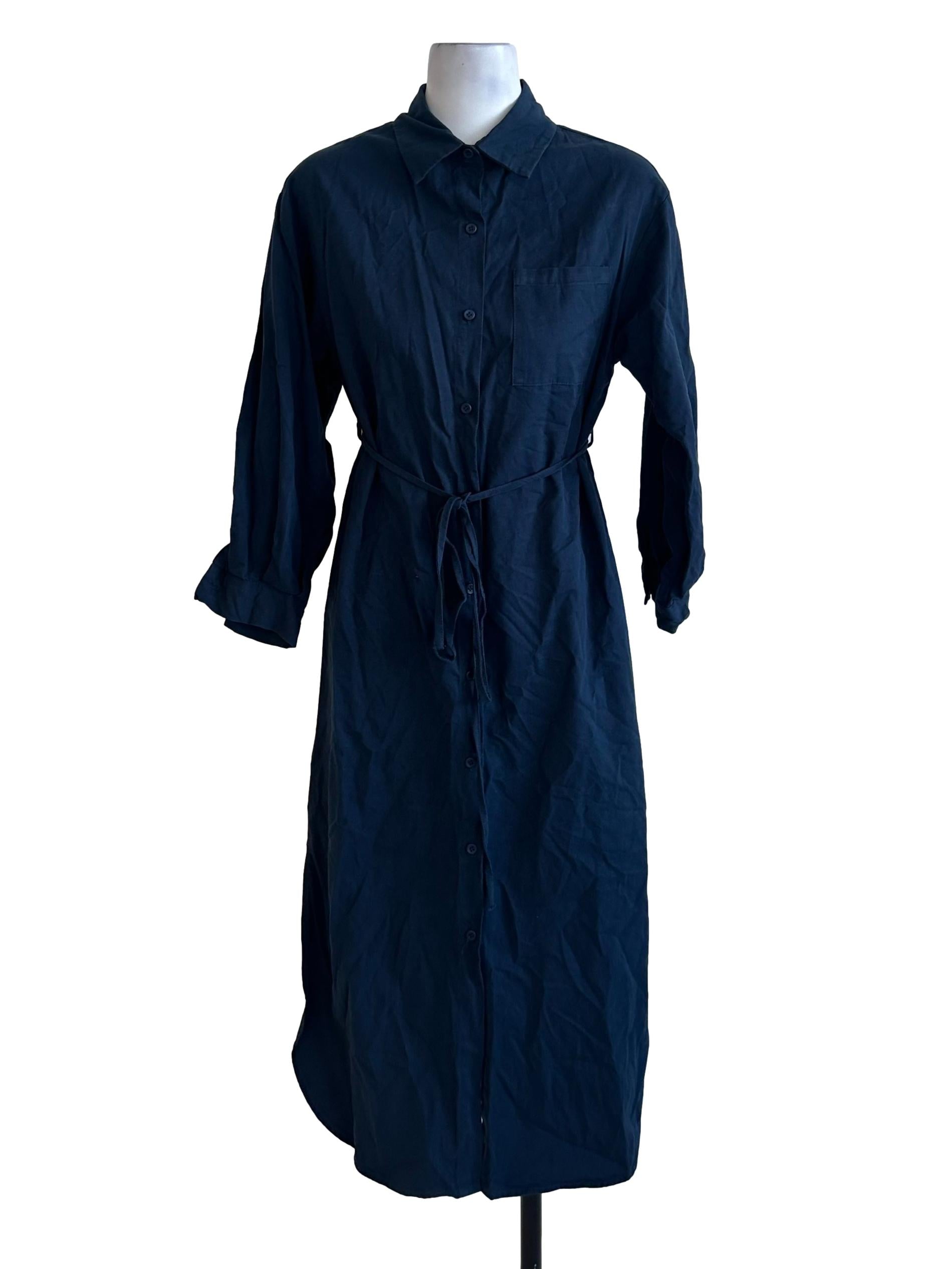 Navy Blue Button Collar Strap Shirt Dress