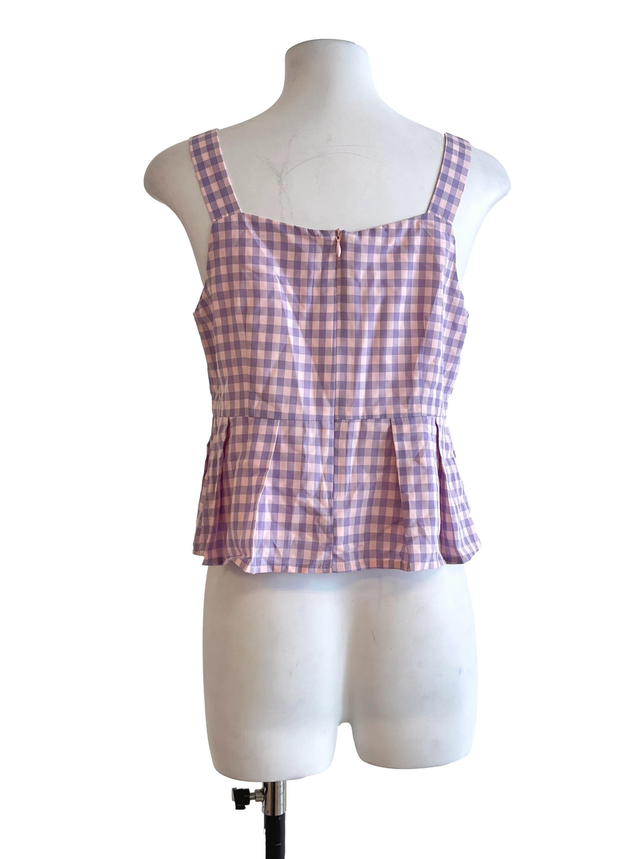 Iris Purple Checkered Sweetheart Sleeveless Top