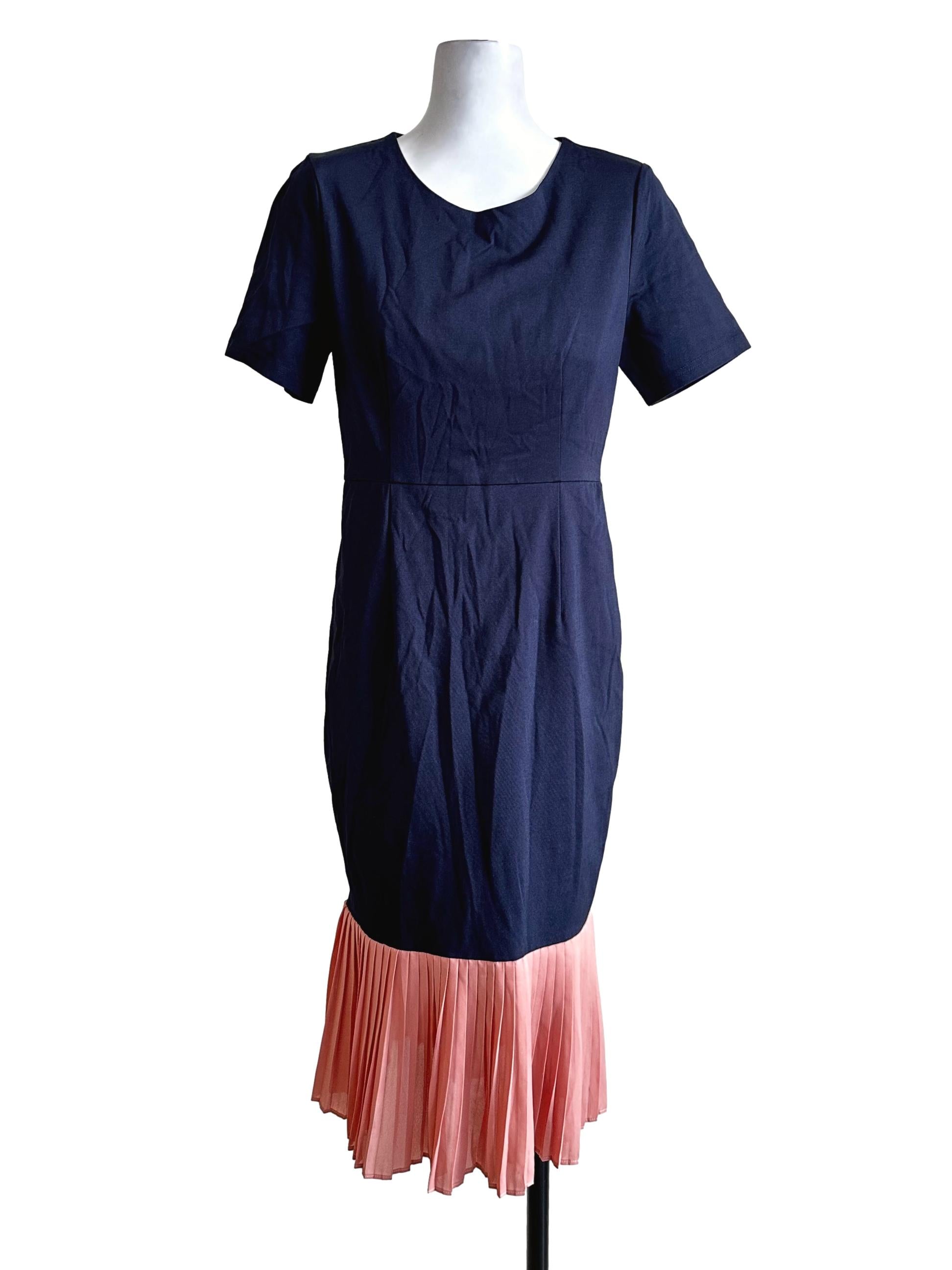 Navy Blue Round Neck With Pleated Dress