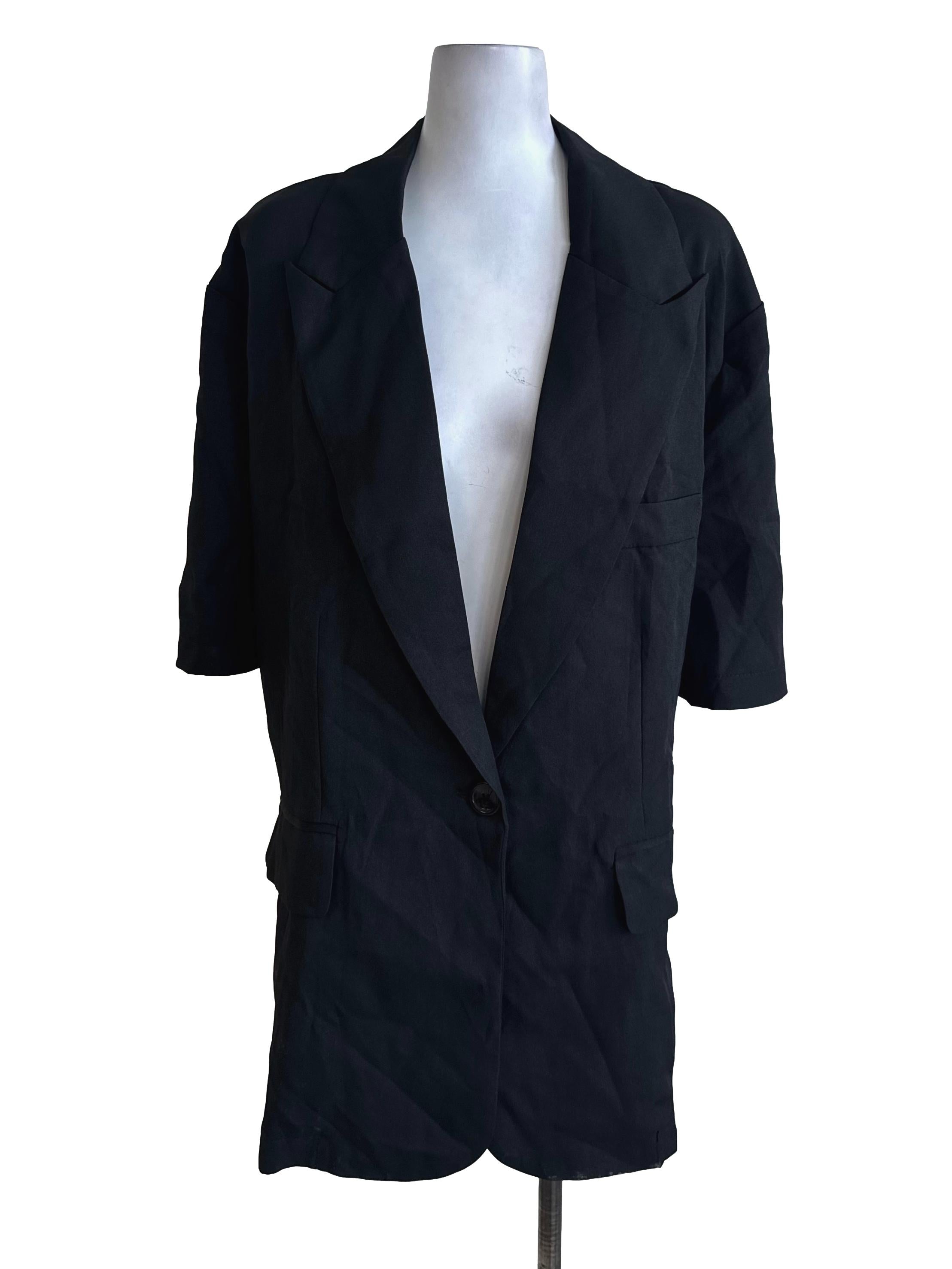 Black Short Sleeve Long Back Tie Blazer