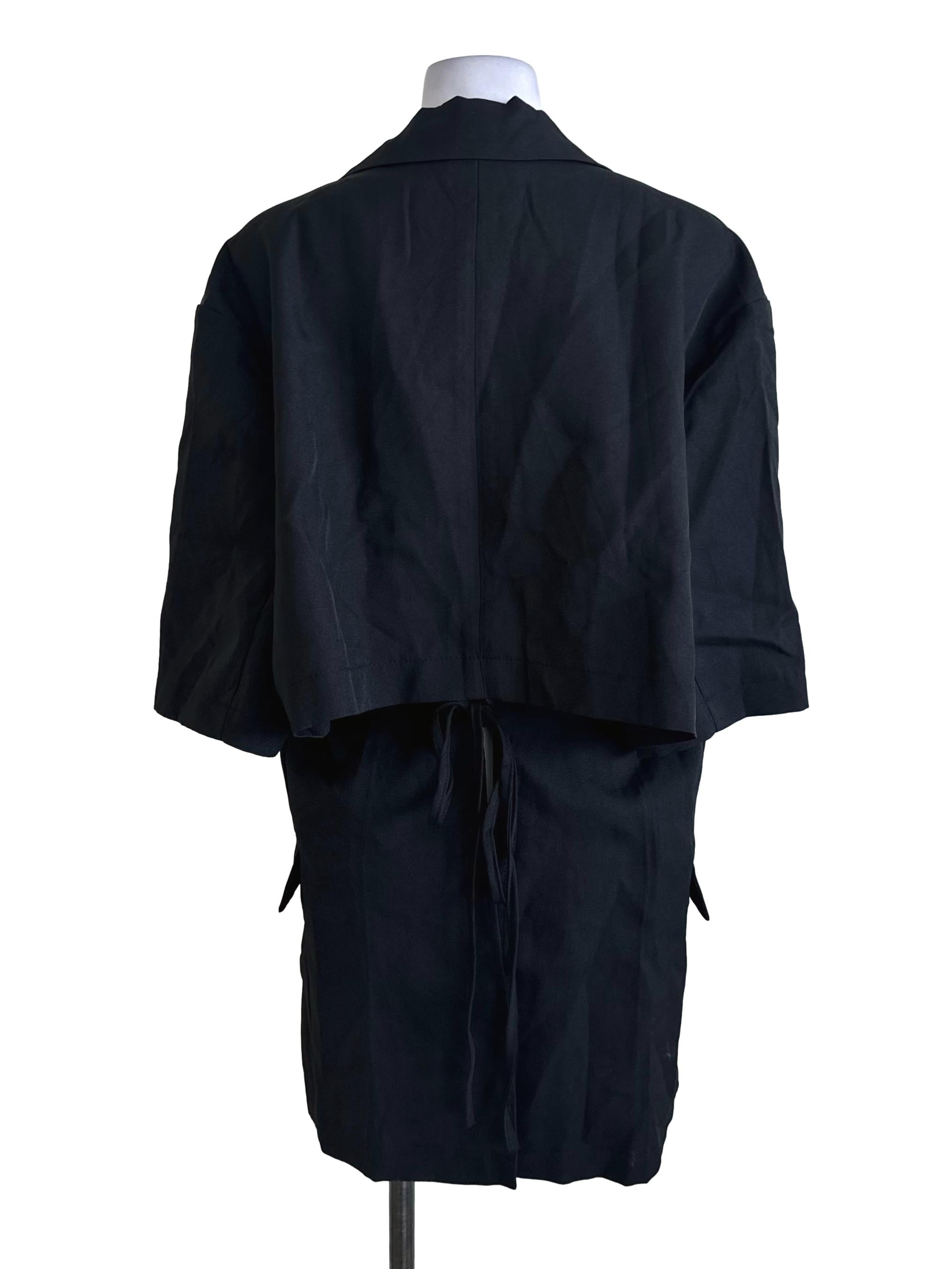 Black Short Sleeve Long Back Tie Blazer