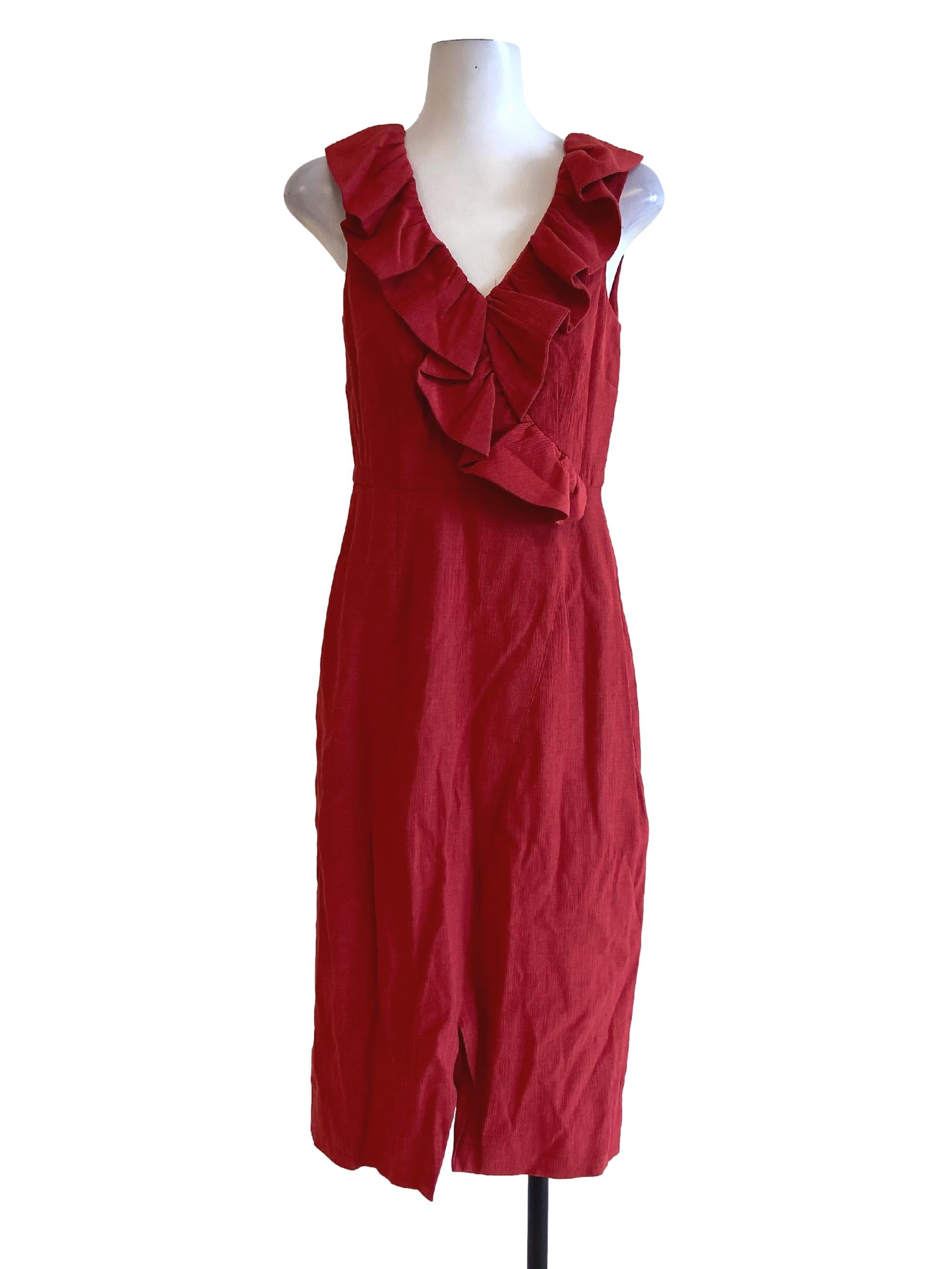 Rose Red Sleeveless Ruffle Slit Apron Dress