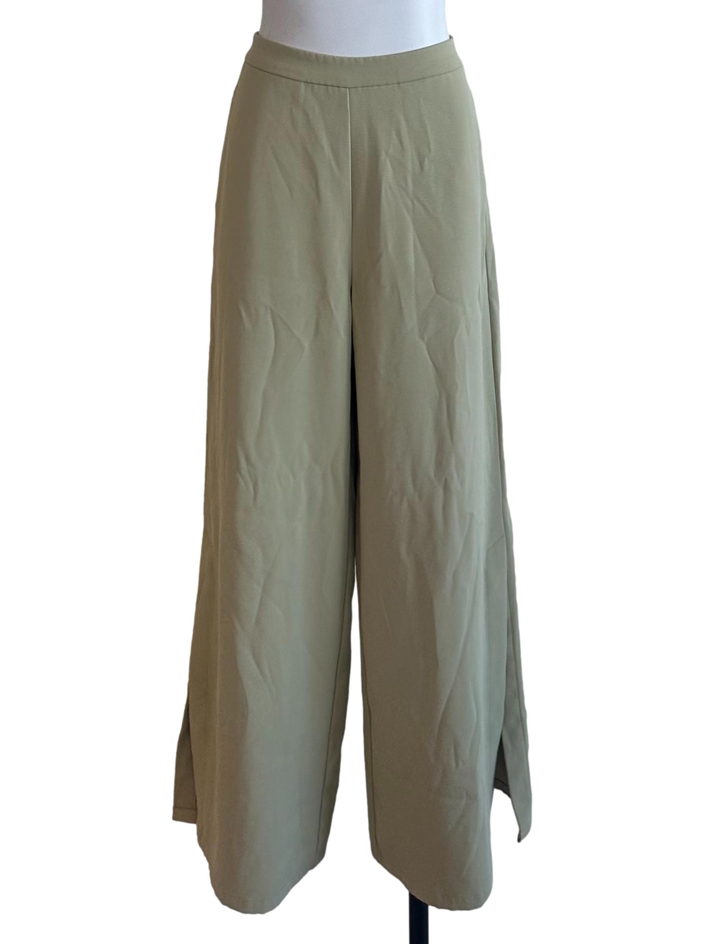 Matcha Green Wide Leg Slit Pants