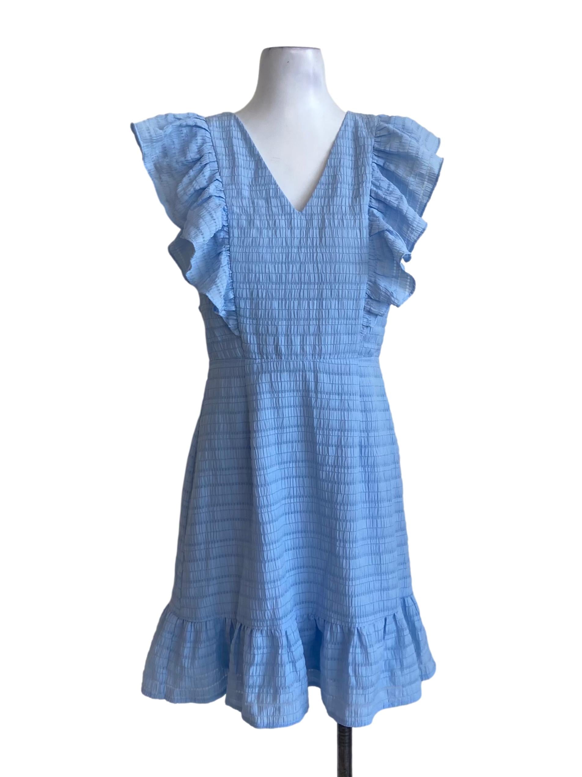 Sky Blue V Neck Circular-Cap Sleeve Dress LB