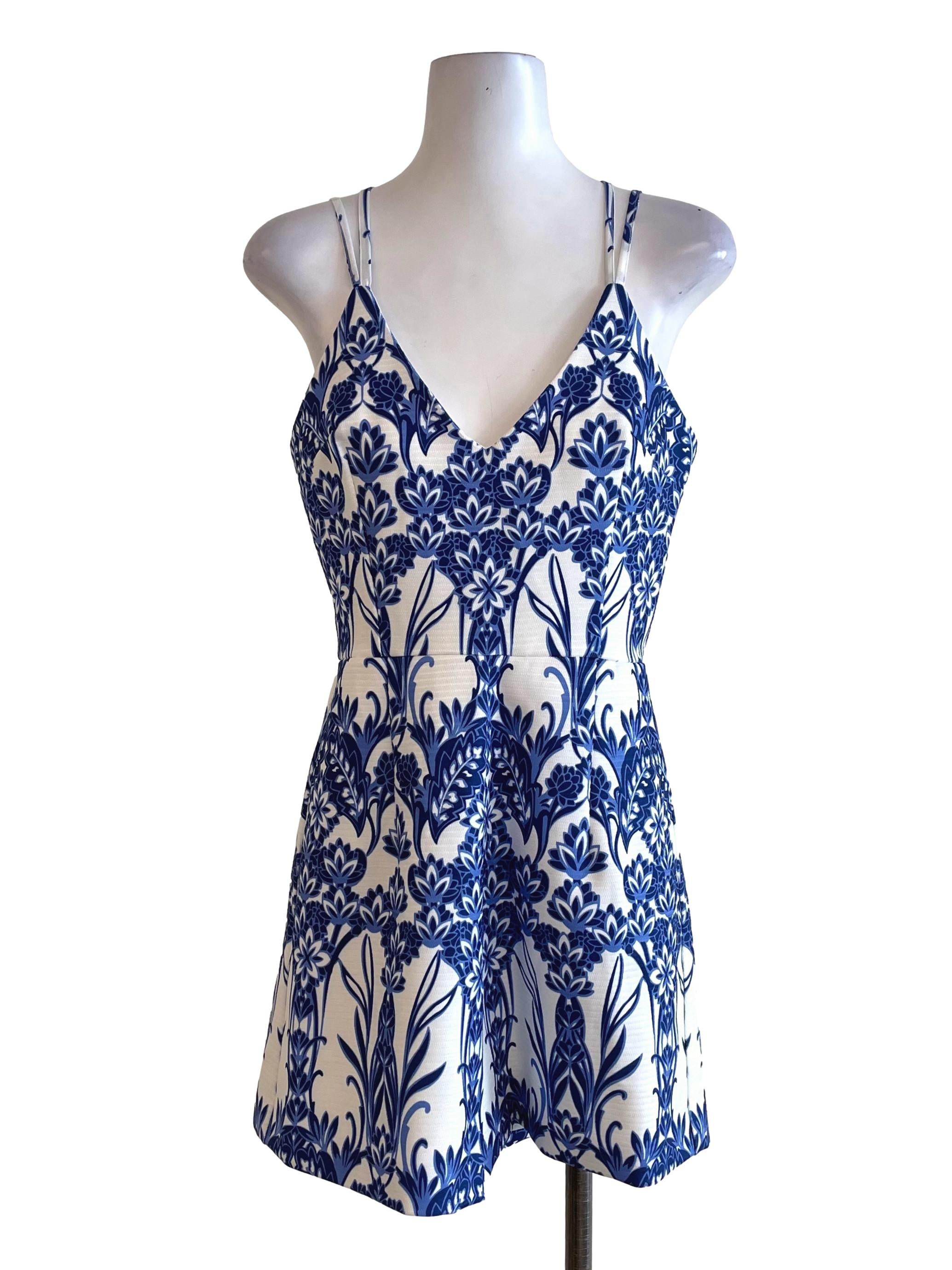White & Blue Floral Cami Romper
