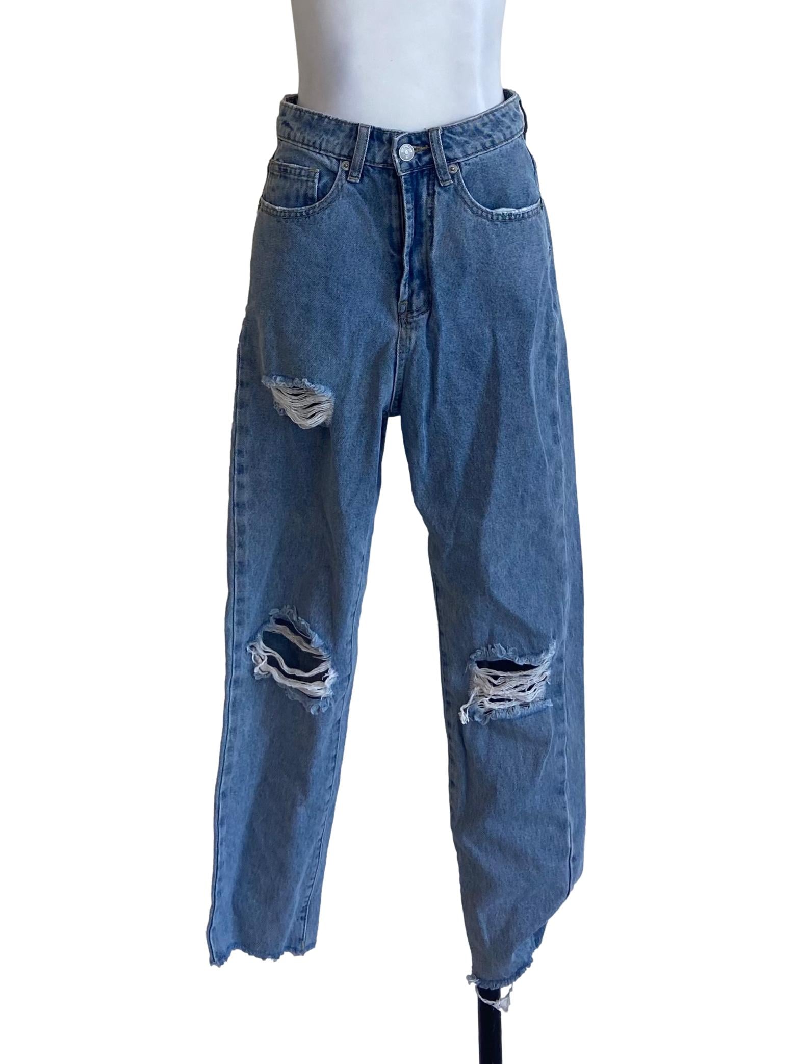 Blue Herringbone Distressed Straight Jeans