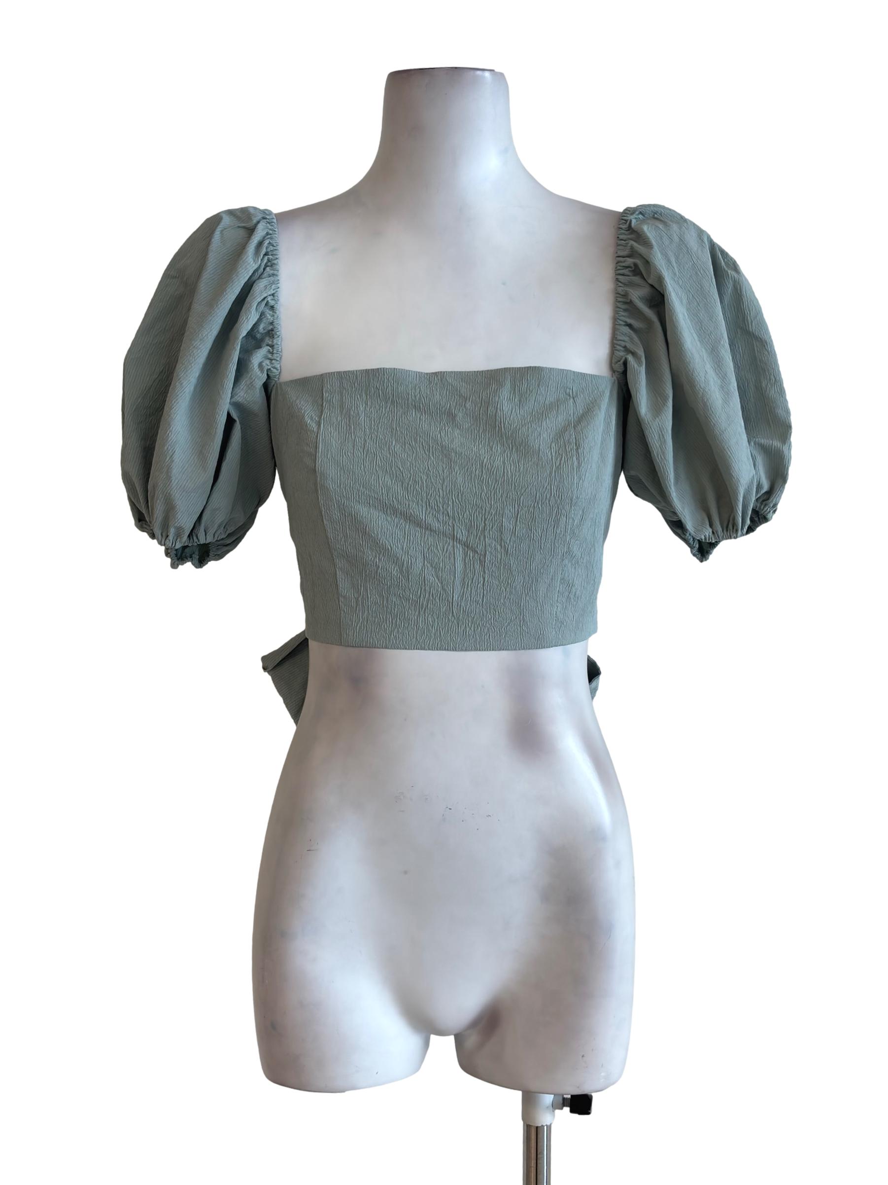 Sage Green Puffy Sleeve Back Tie Crop Top LB