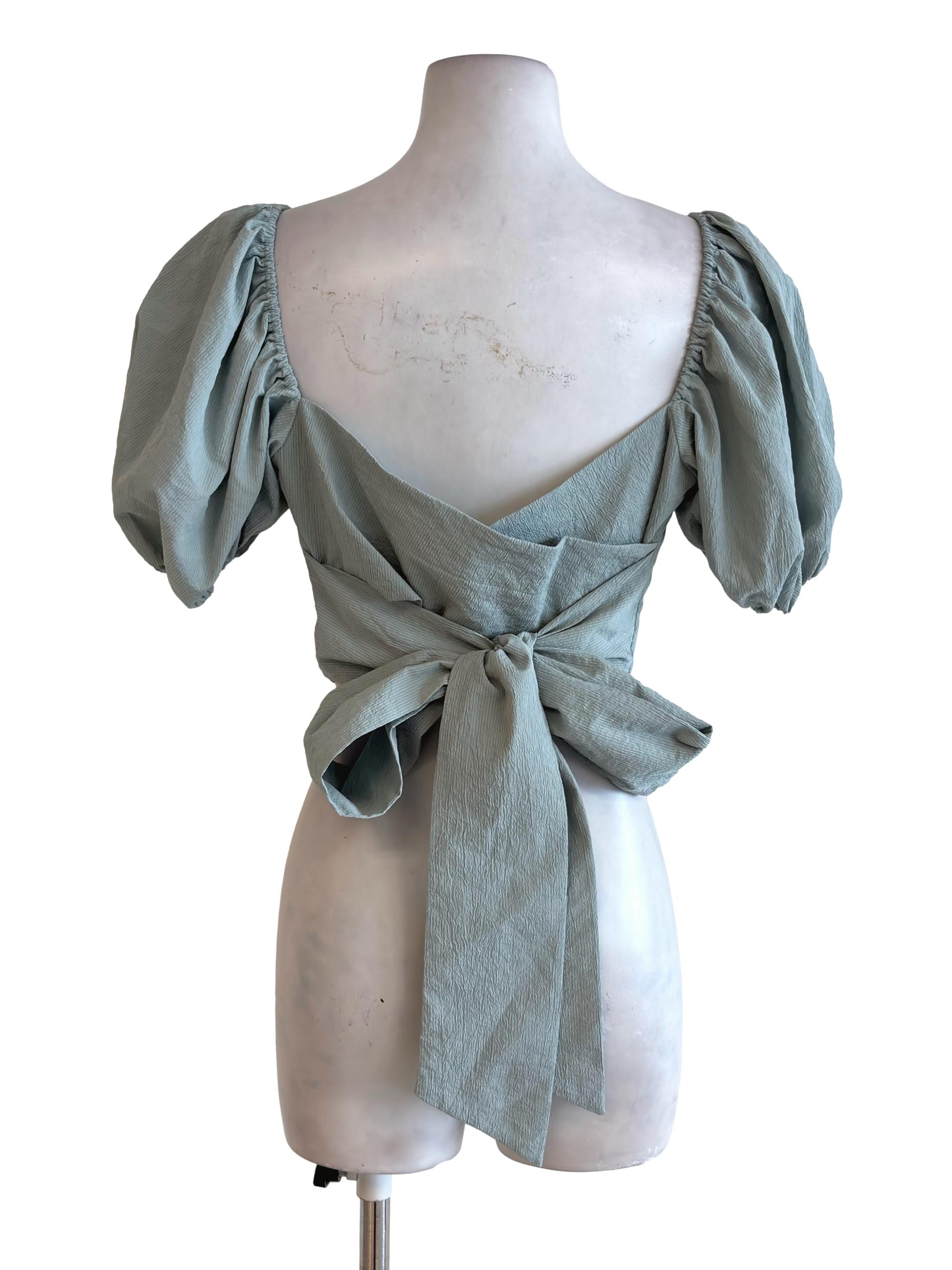 Sage Green Puffy Sleeve Back Tie Crop Top LB