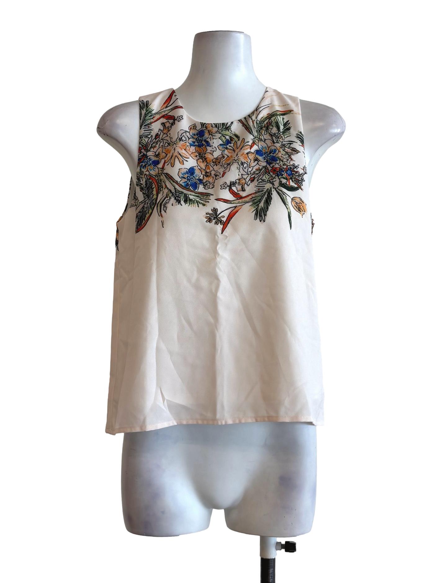 Cream Round Neck Floral Sleeveless Top TCL
