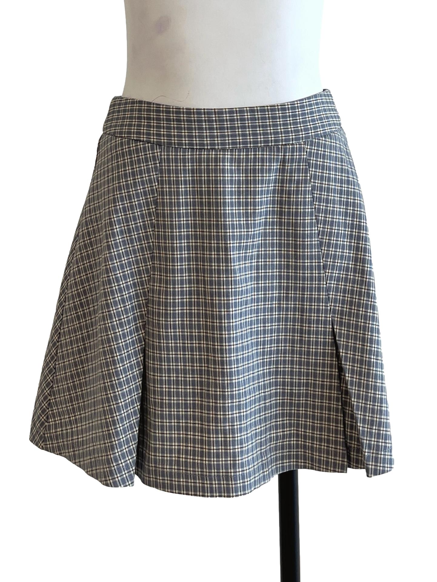 Stone Blue Checkered A-Line Skirt