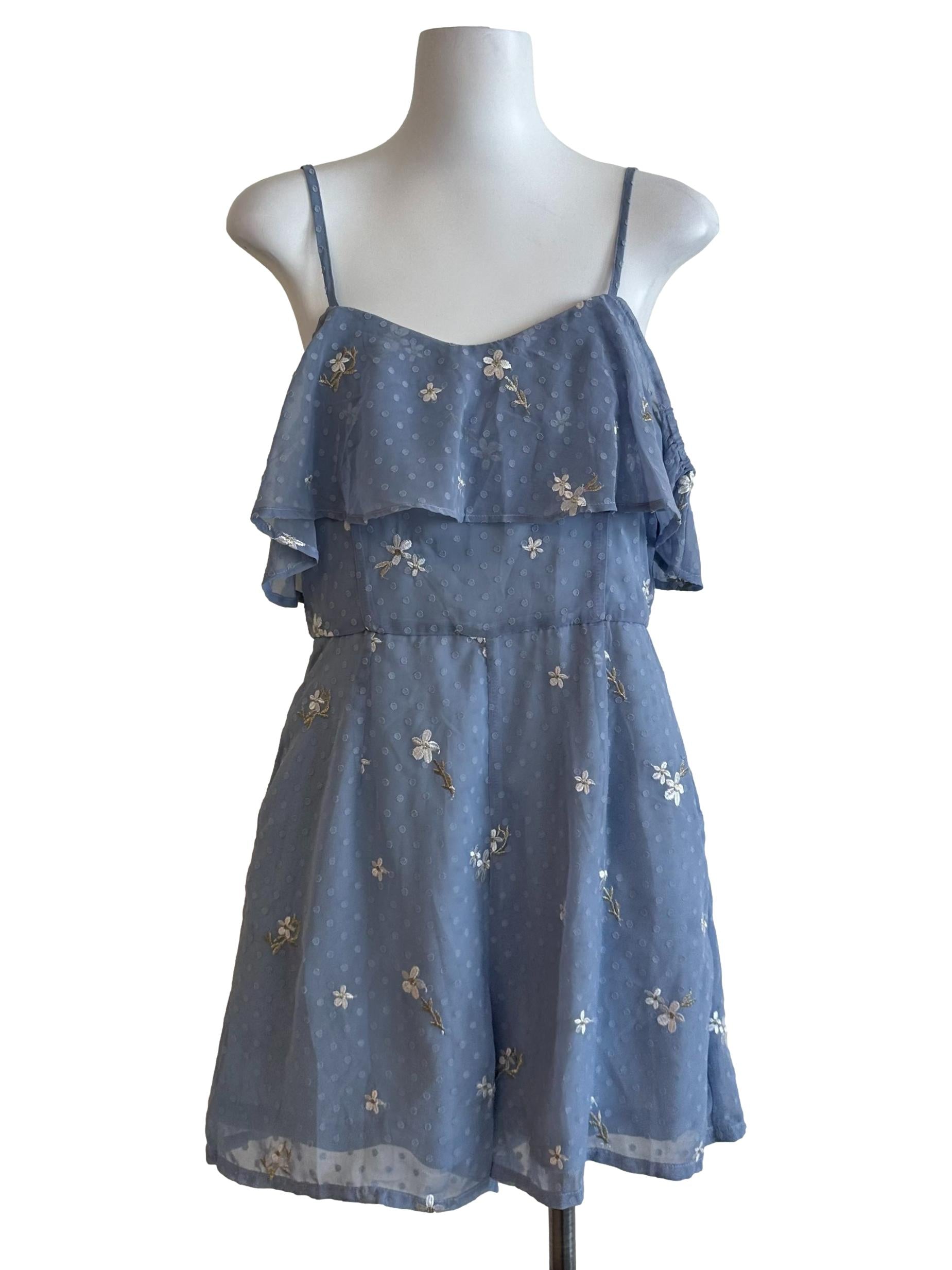 Spruce Blue Floral Embroidery Textured Romper