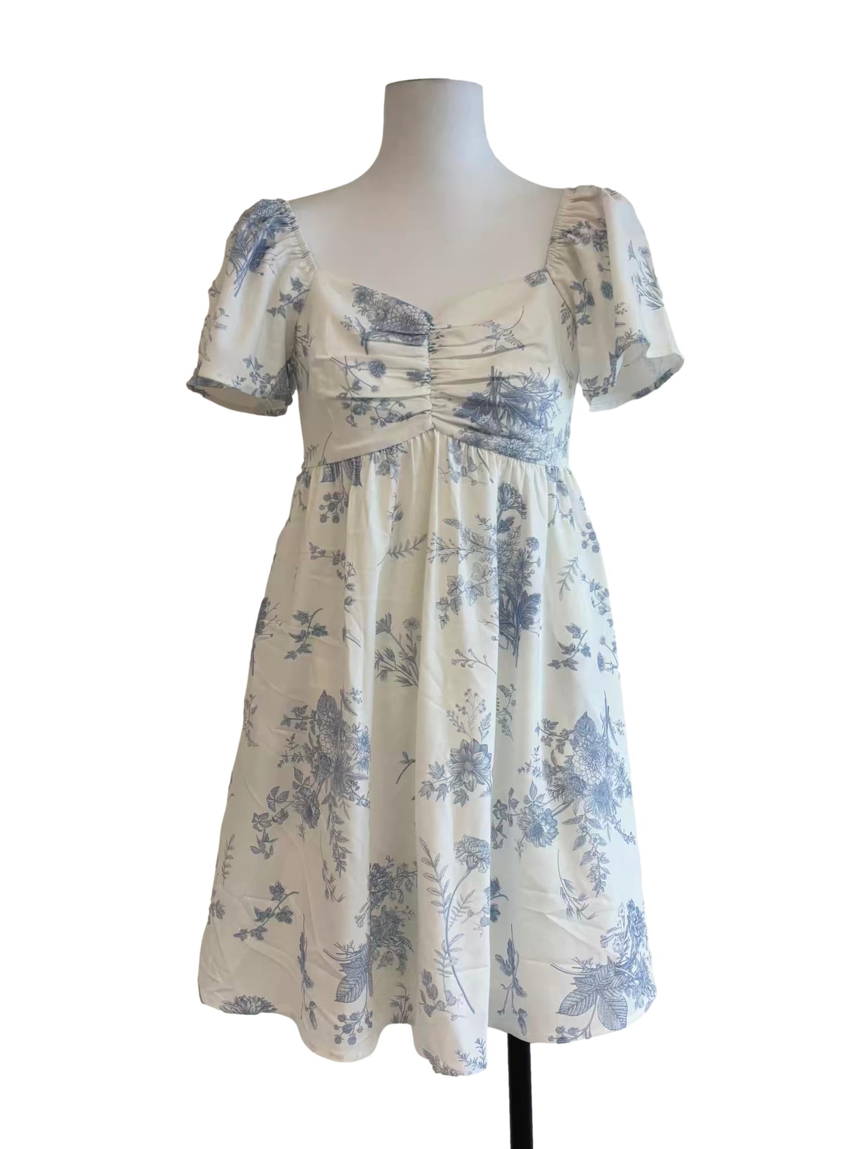 Powder White Floral Blue Sweetheart Dress