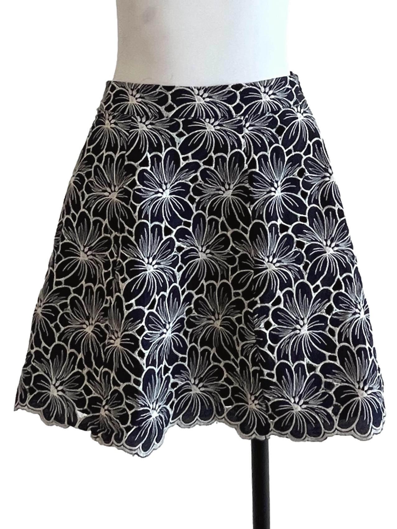Denim Blue A-Line Skirt Flower Embroidered Skirt