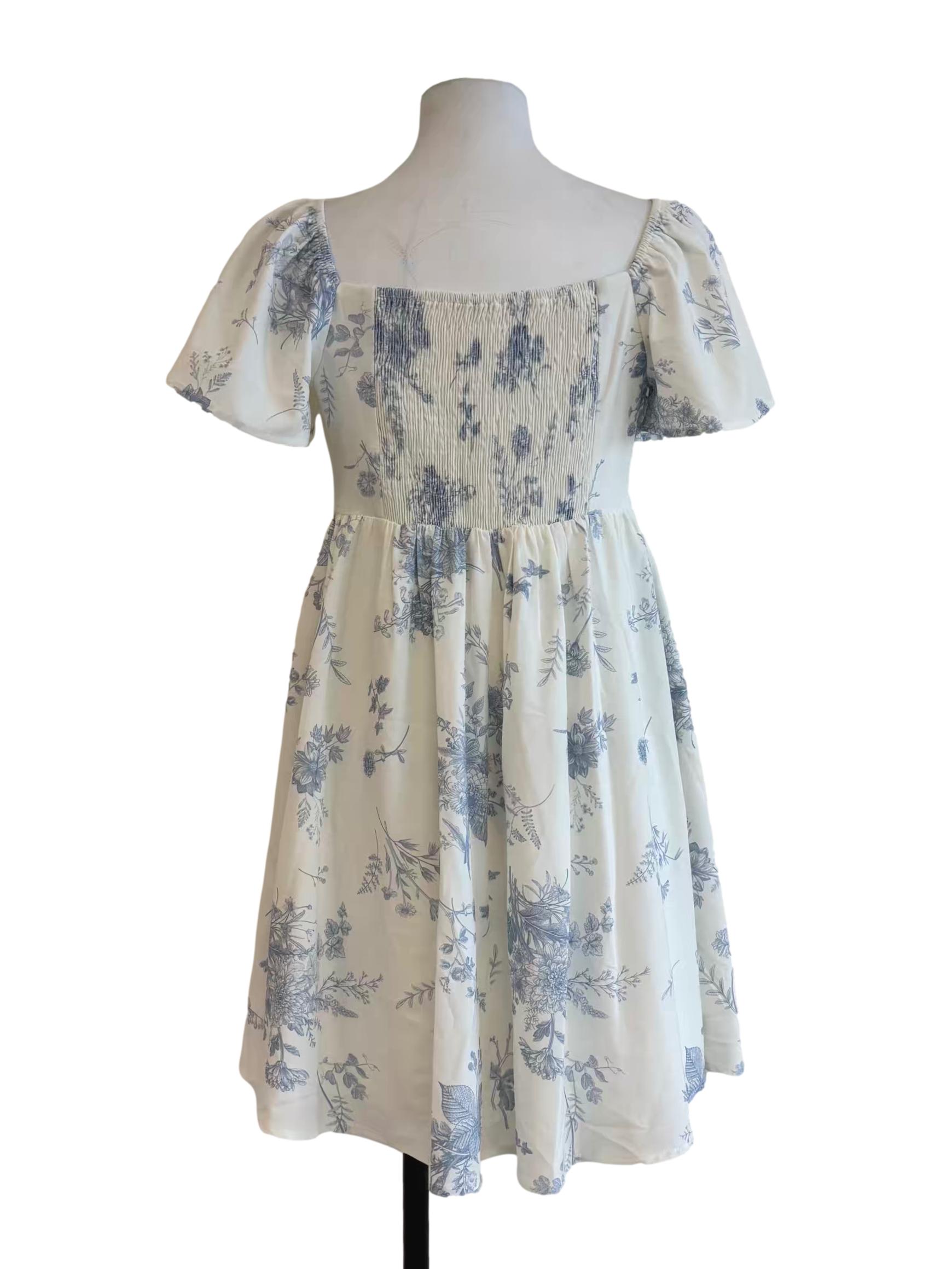 Powder White Floral Blue Sweetheart Dress