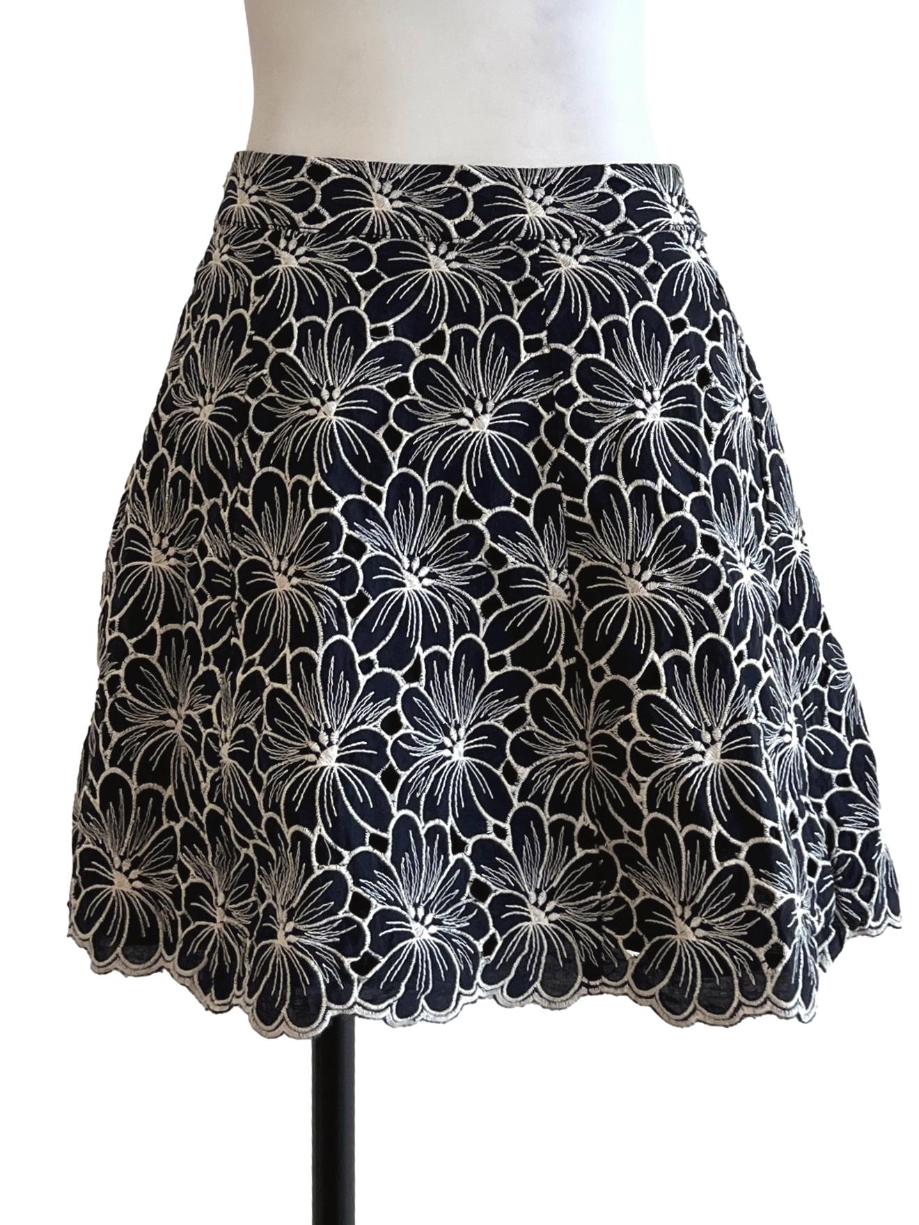 Denim Blue A-Line Skirt Flower Embroidered Skirt