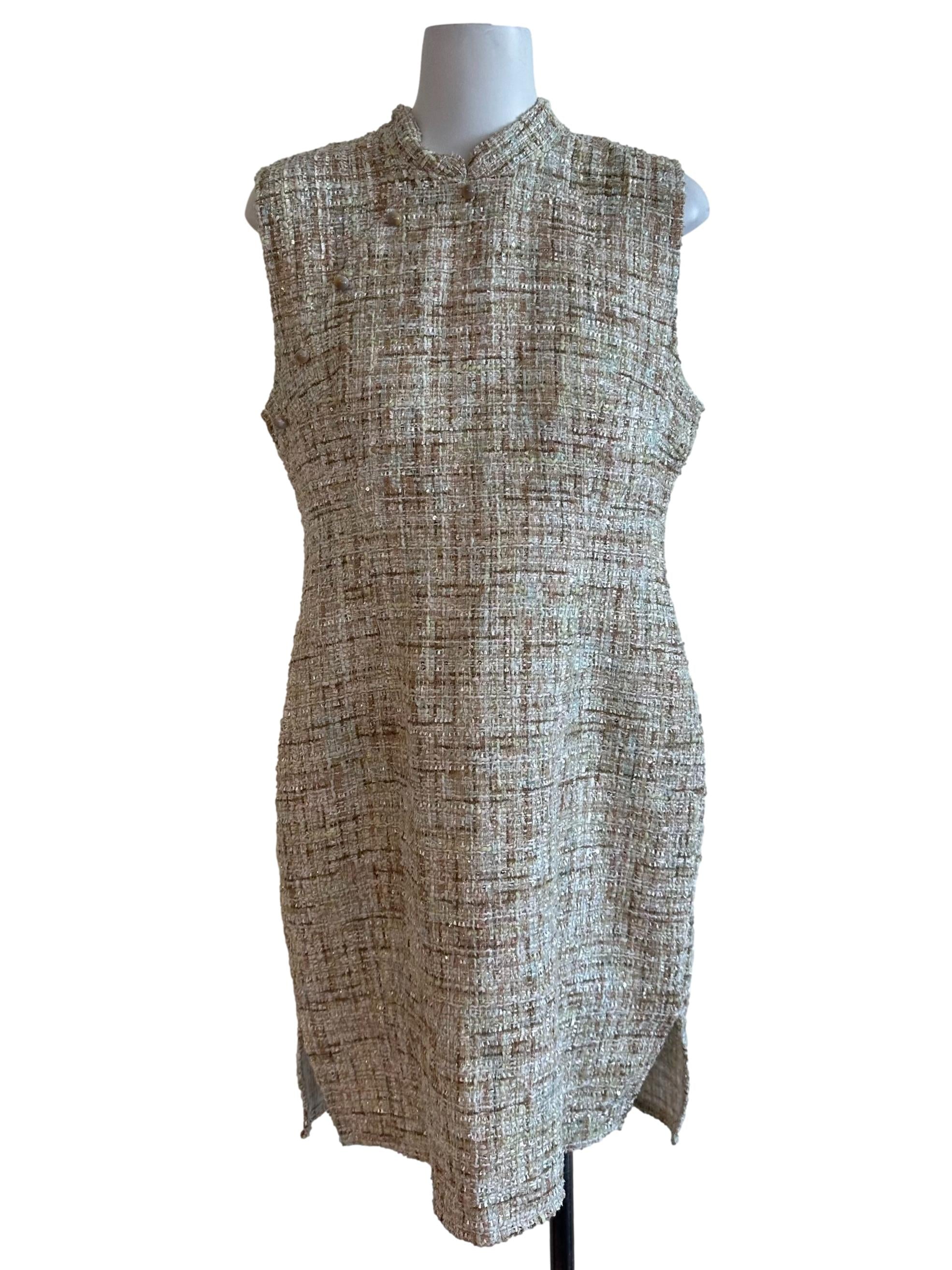 Sand Beige Tweed Textured Slit Dress