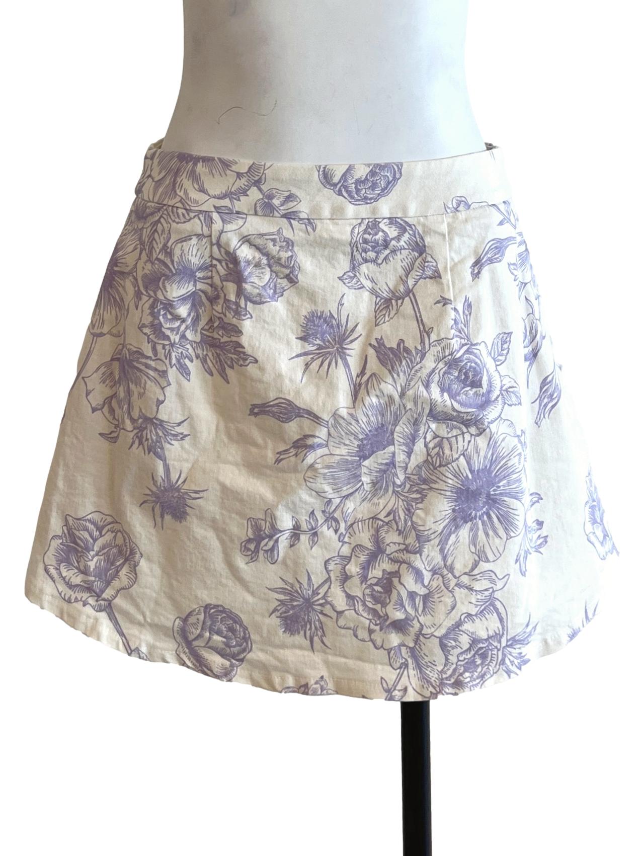 Cream White Floral Print A-Line Skirt