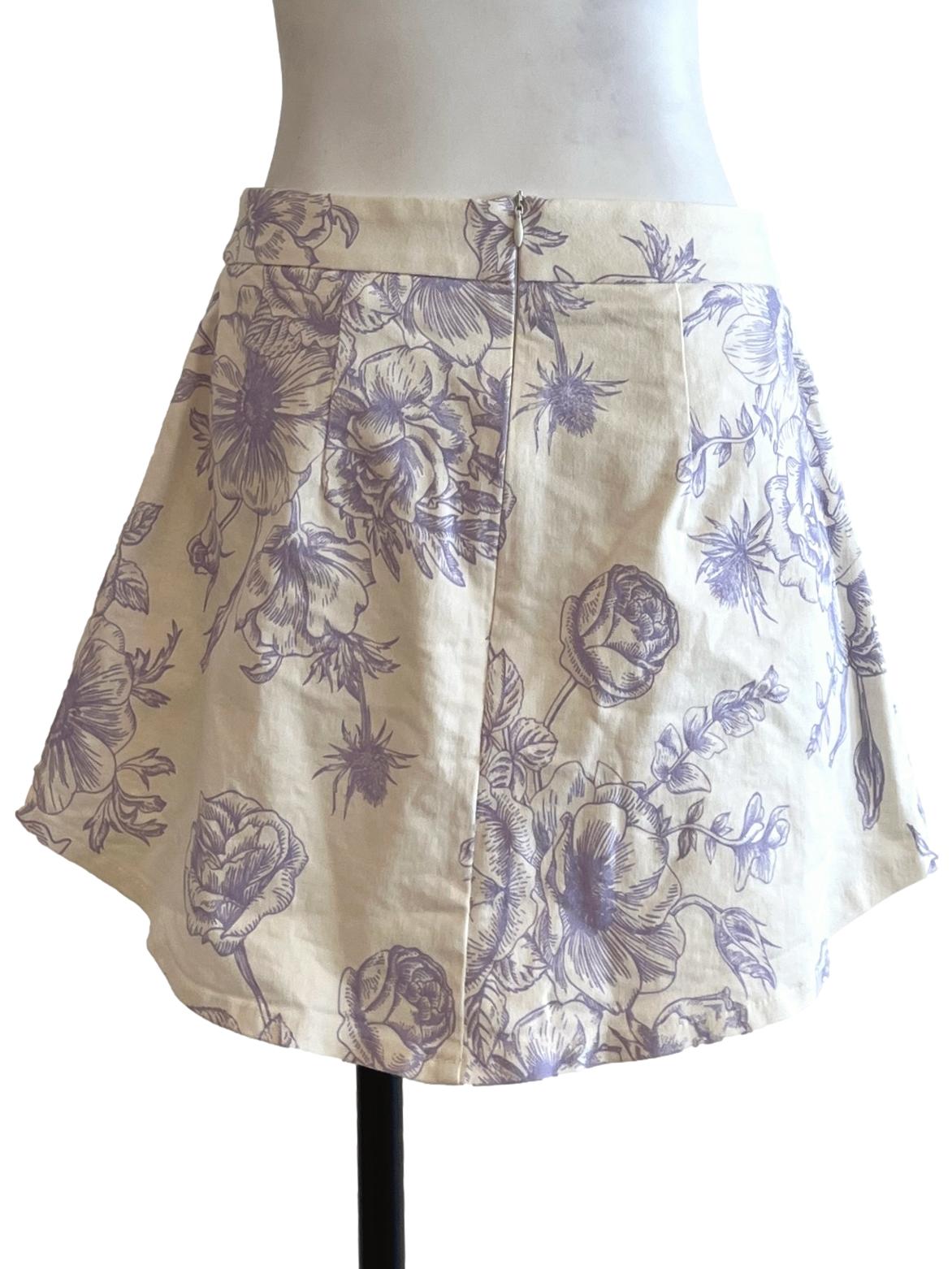 Cream White Floral Print A-Line Skirt