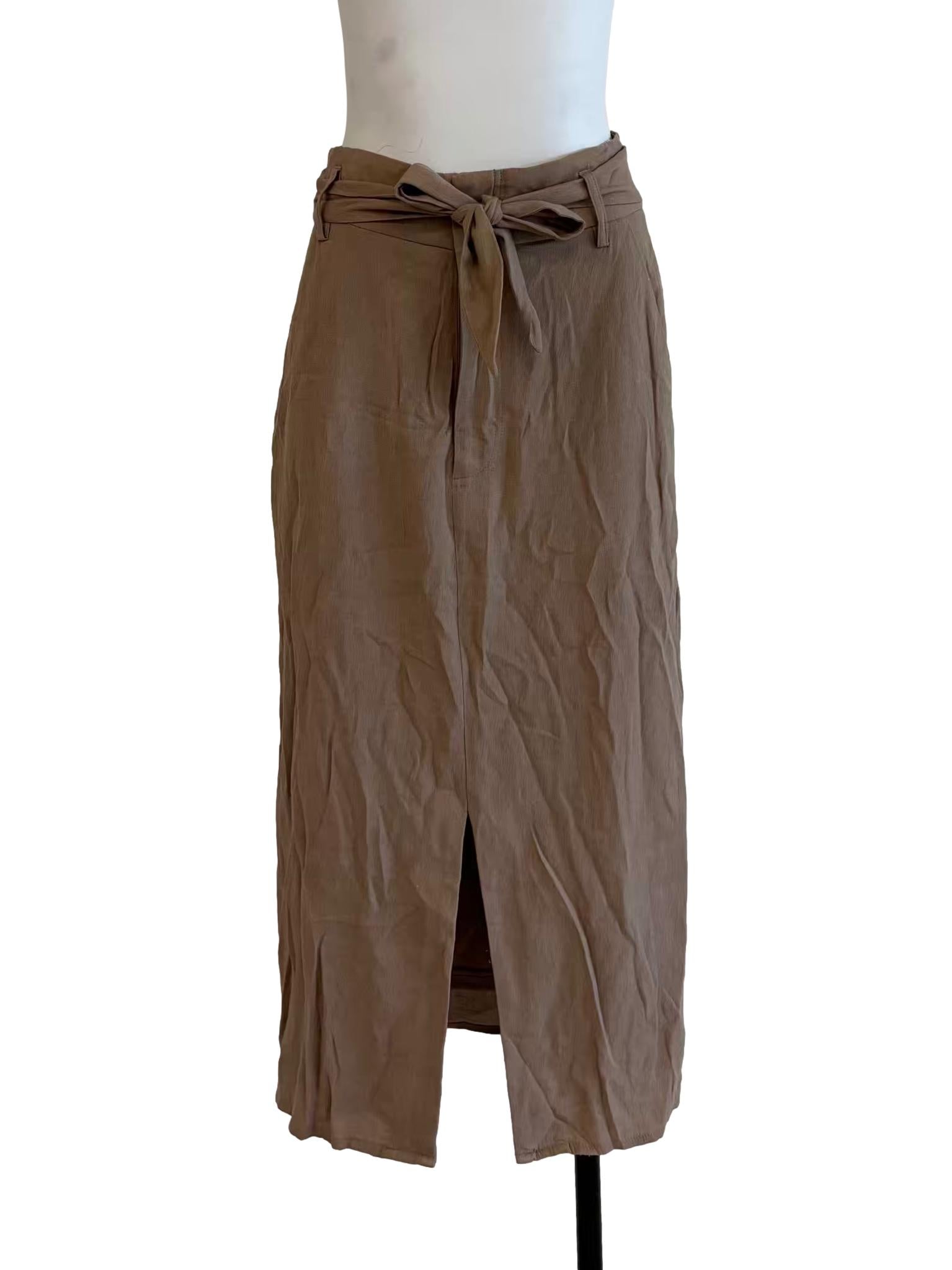 Buff Brown Slit Midi Skirt