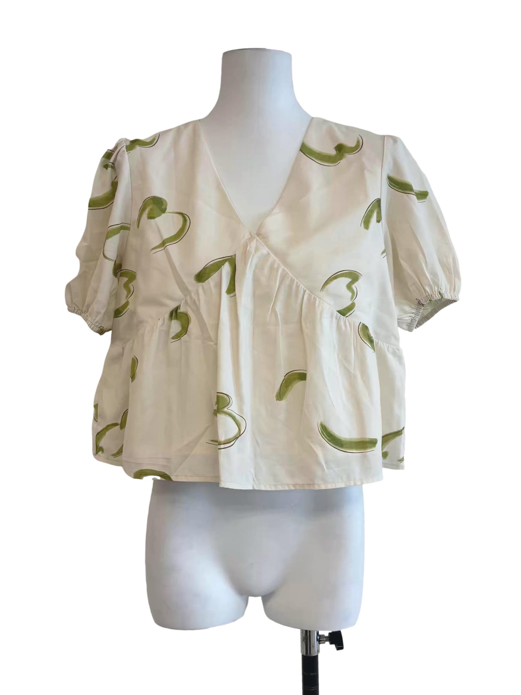 Ivory White Patterned V Neck Blouse
