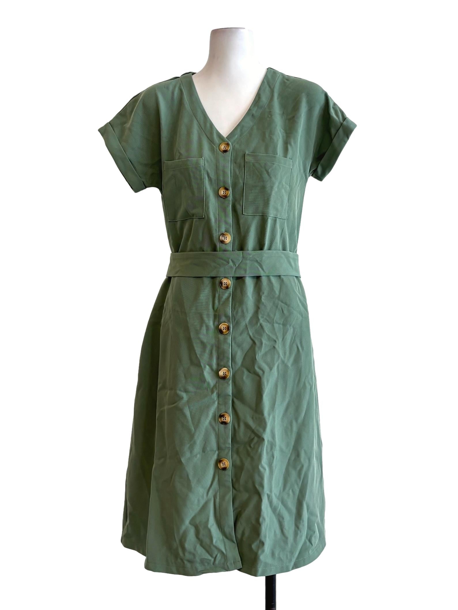 Jade Green Short Sleeve Buttoned Dress