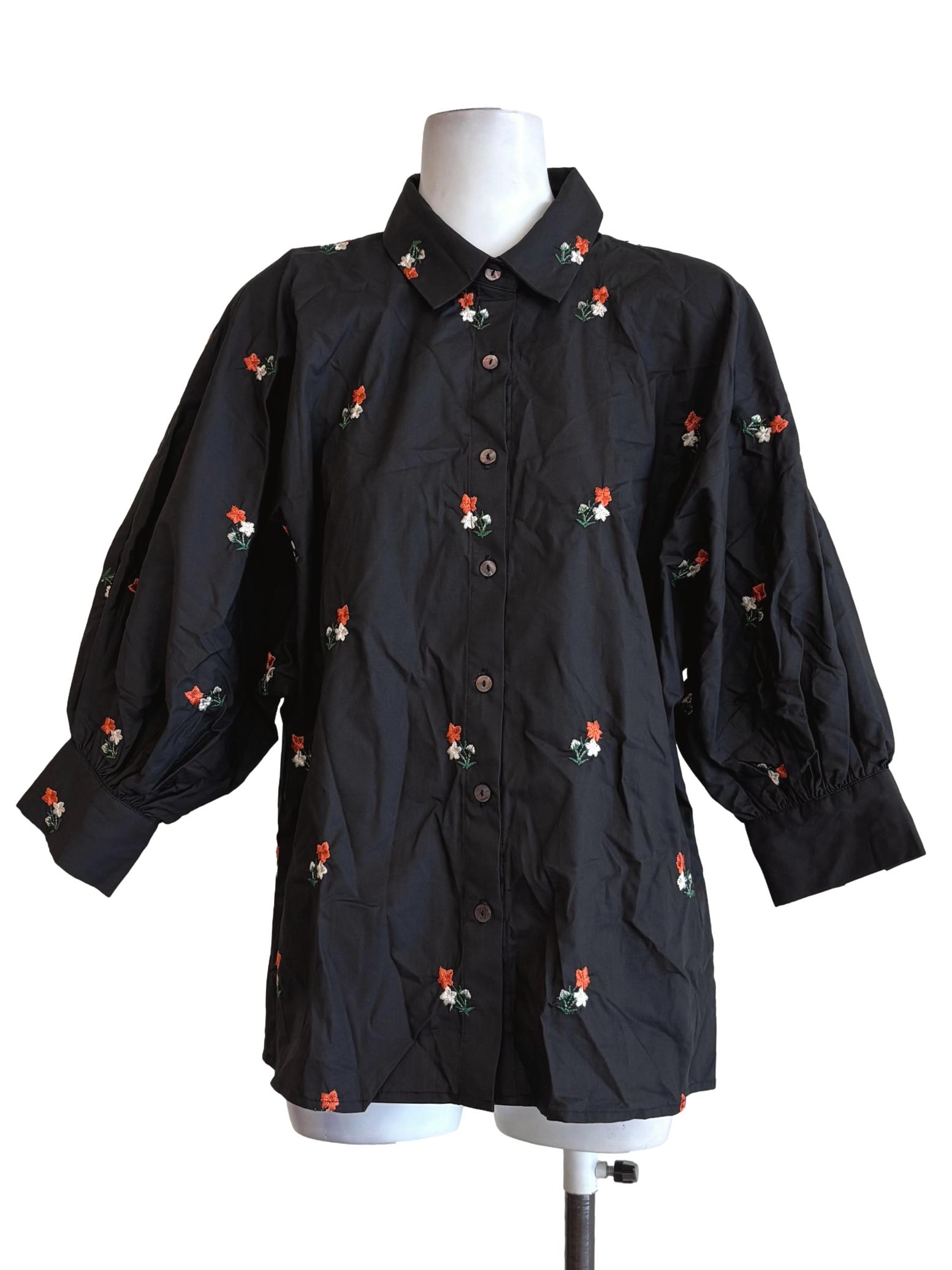 Soft Black Embroidered Flower Cotton Blouse LB