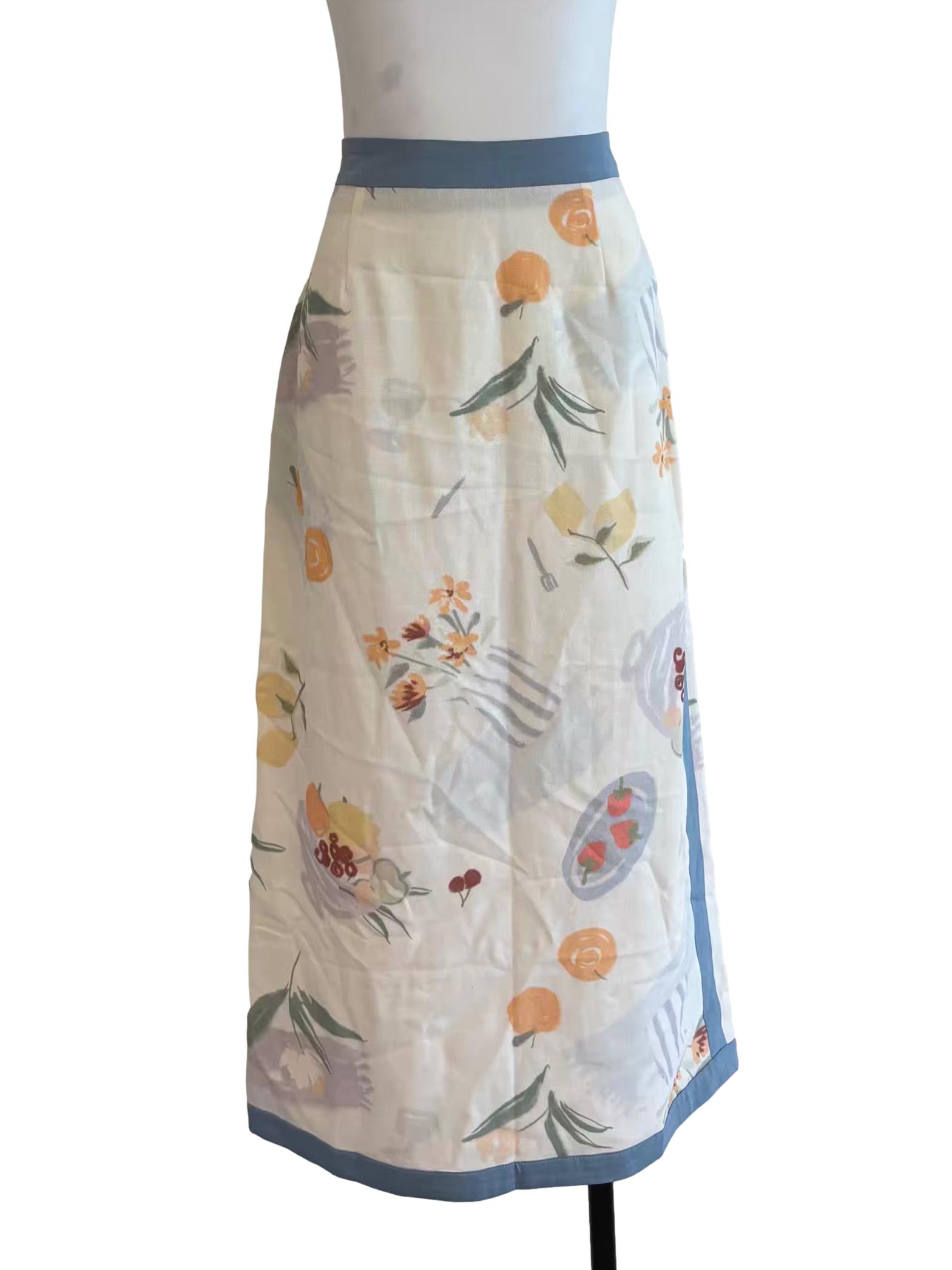 Floral White Patterned Linen Skirt