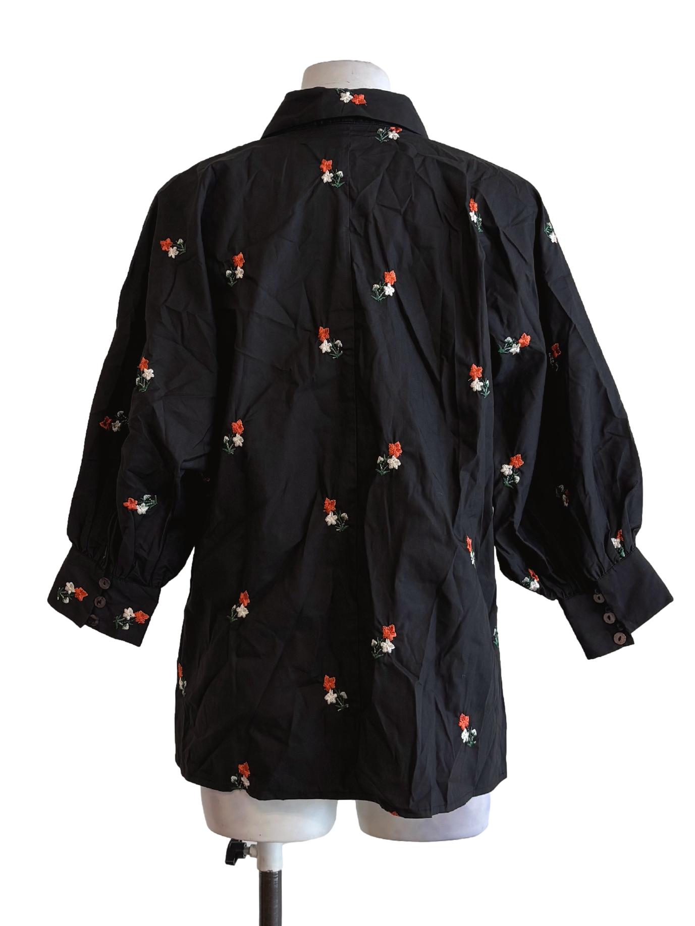 Soft Black Embroidered Flower Cotton Blouse LB