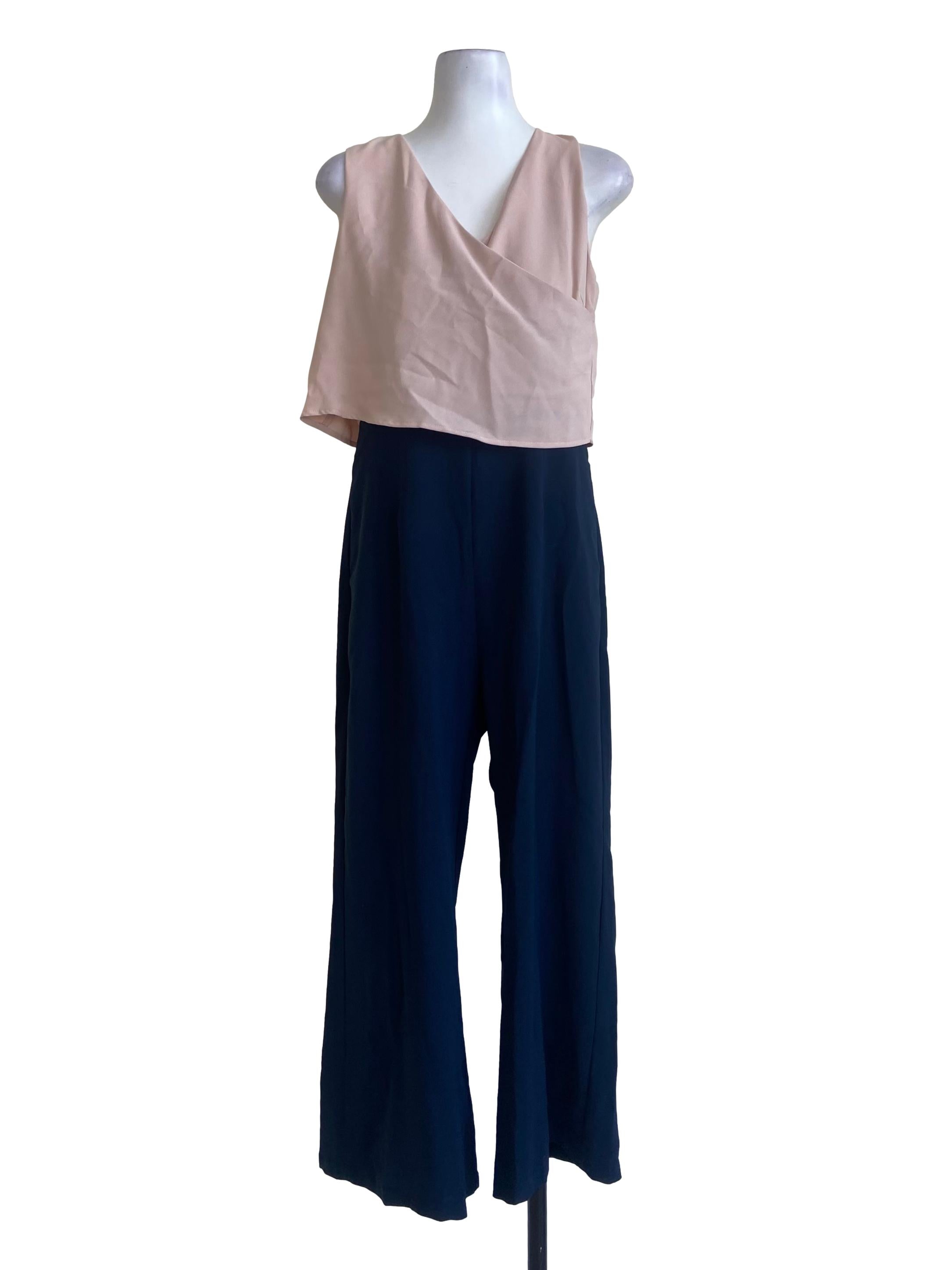 Pink & Blue Sleeveless V Neck Long Jumpsuit