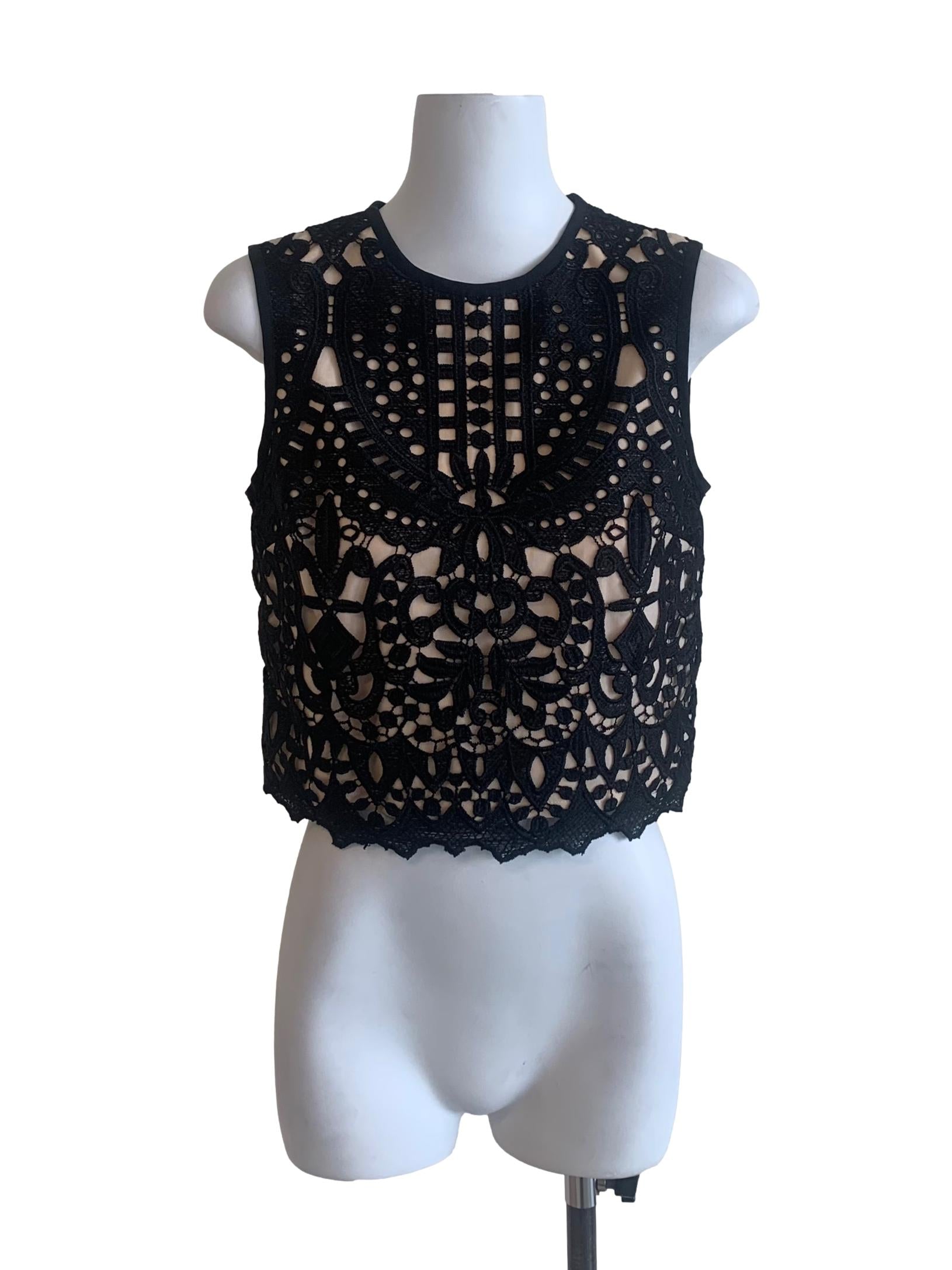 Beige Black Lace Pattern Top