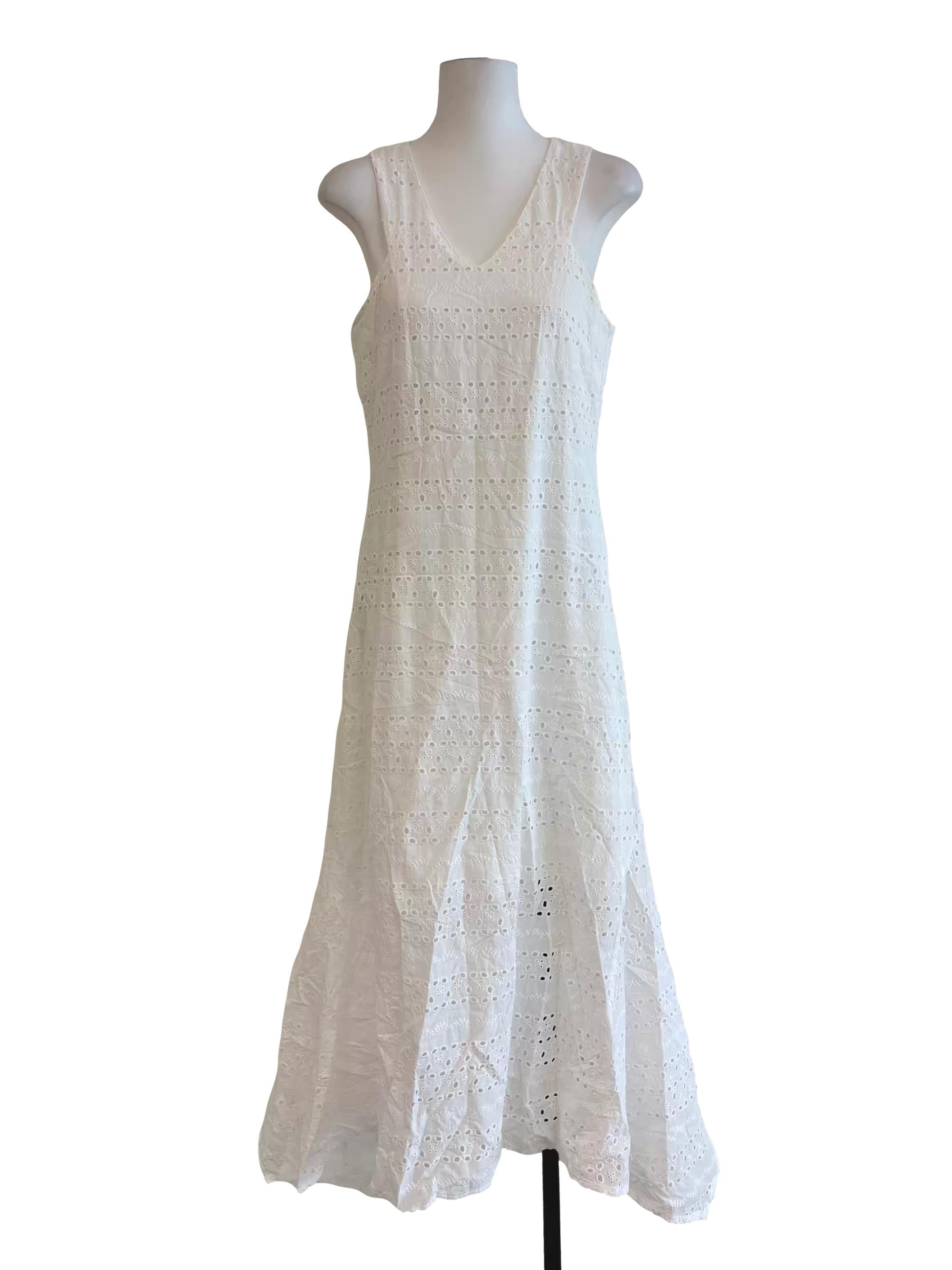 Powder White V Neck Cotton Eyelet Dress