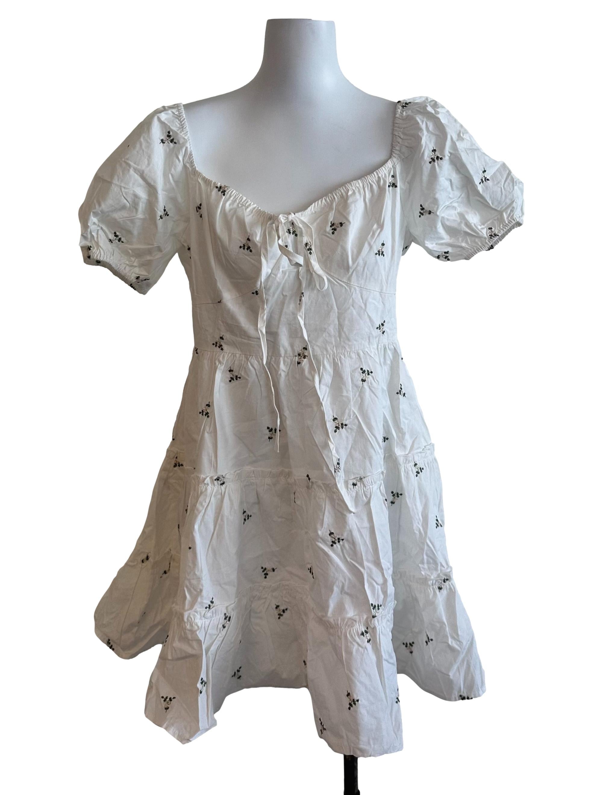 Pearl White Floral Embroidery Tiered Dres