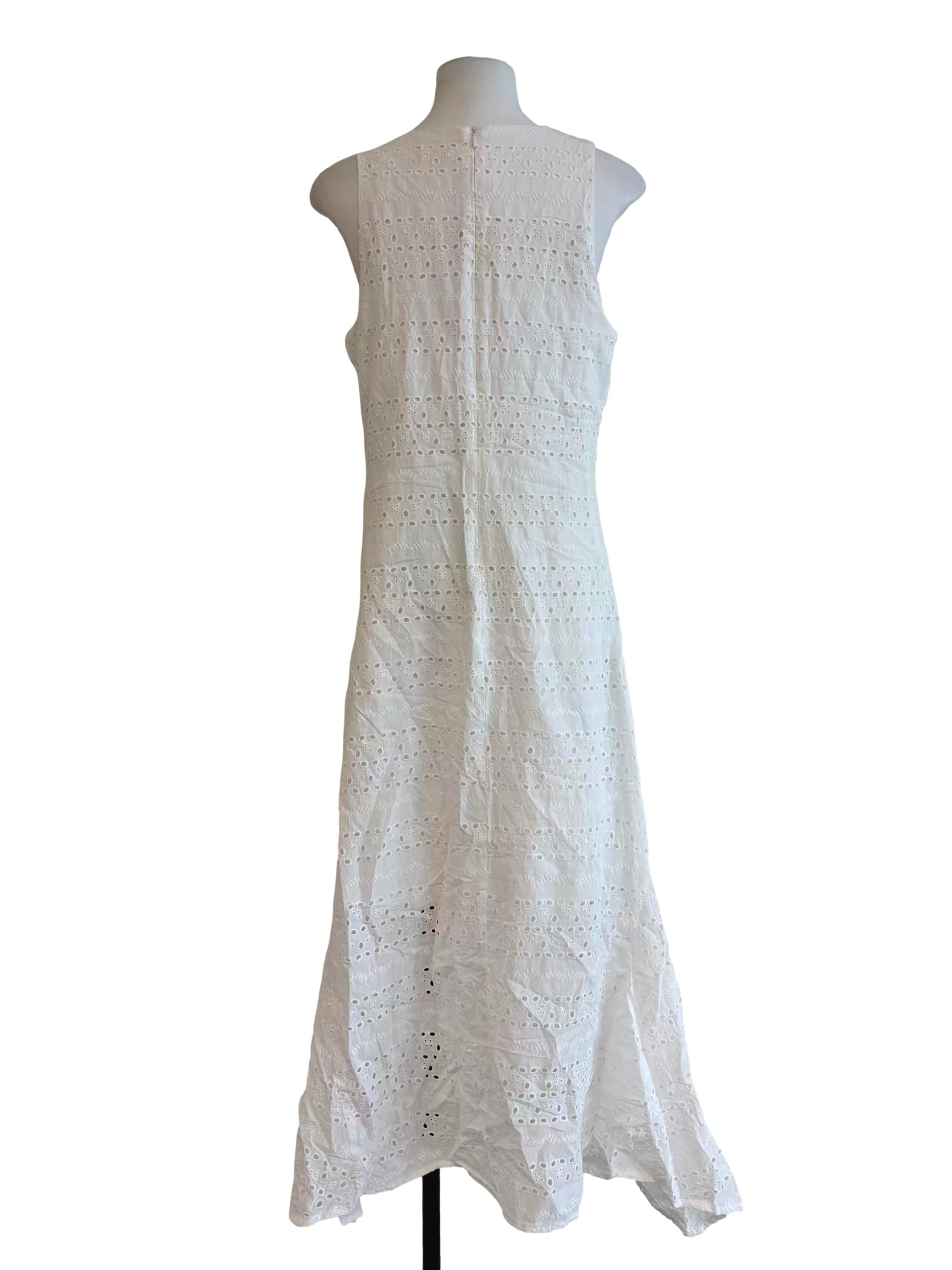Powder White V Neck Cotton Eyelet Dress