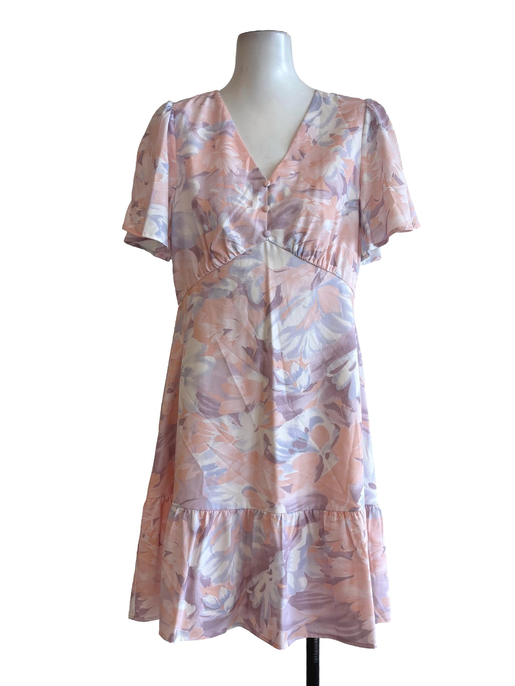 Pastel Pink Floral Watercolour V-Neck Dress