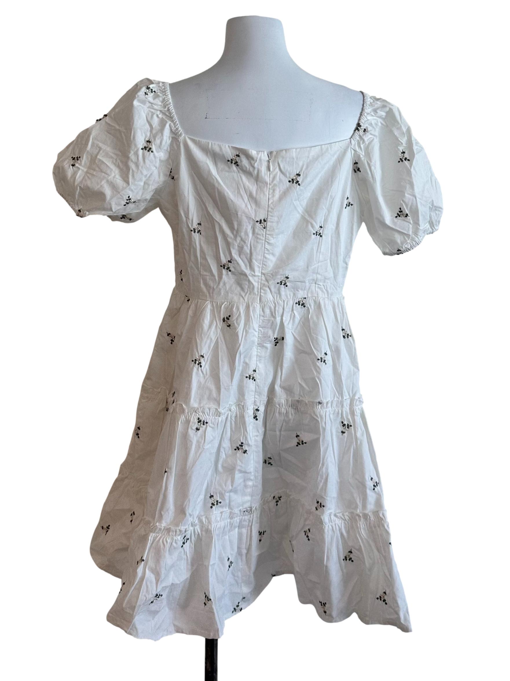 Pearl White Floral Embroidery Tiered Dres