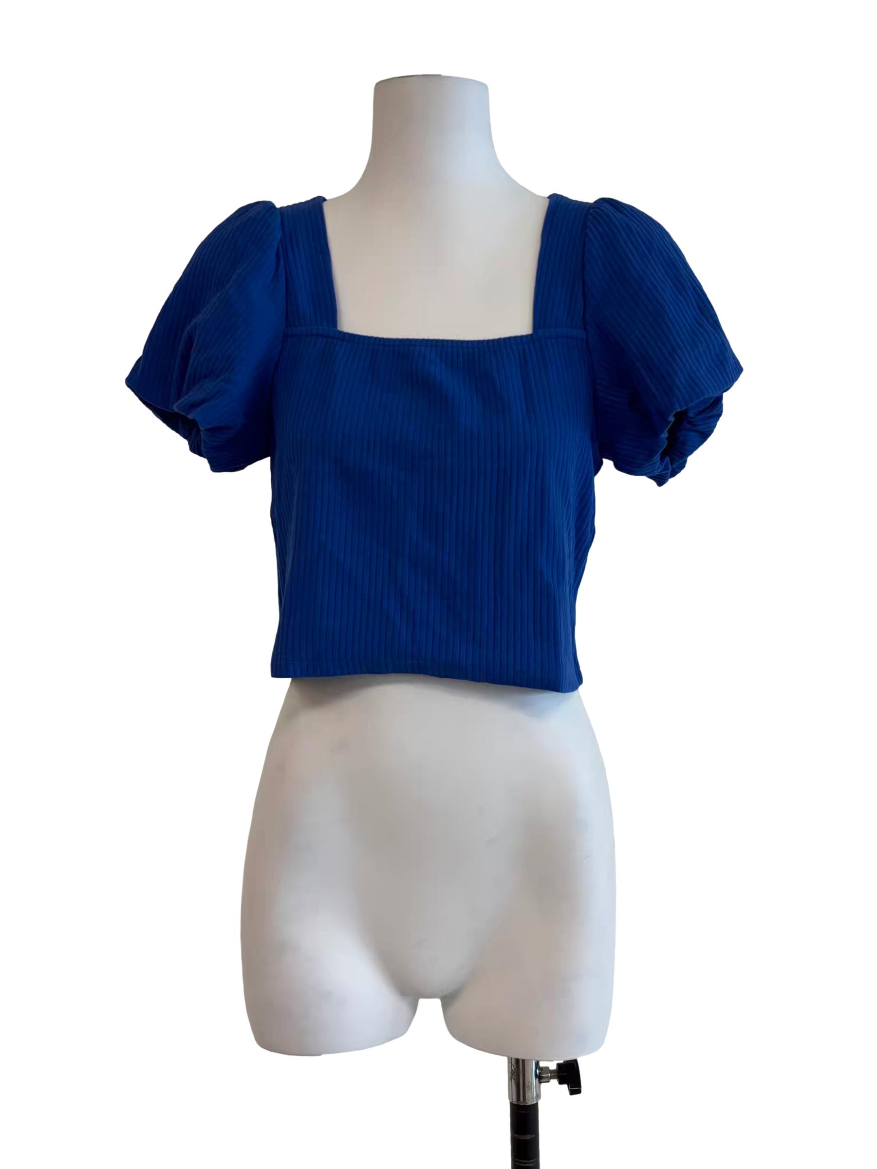 Azure Blue Puff Sleeve Ribbed Top