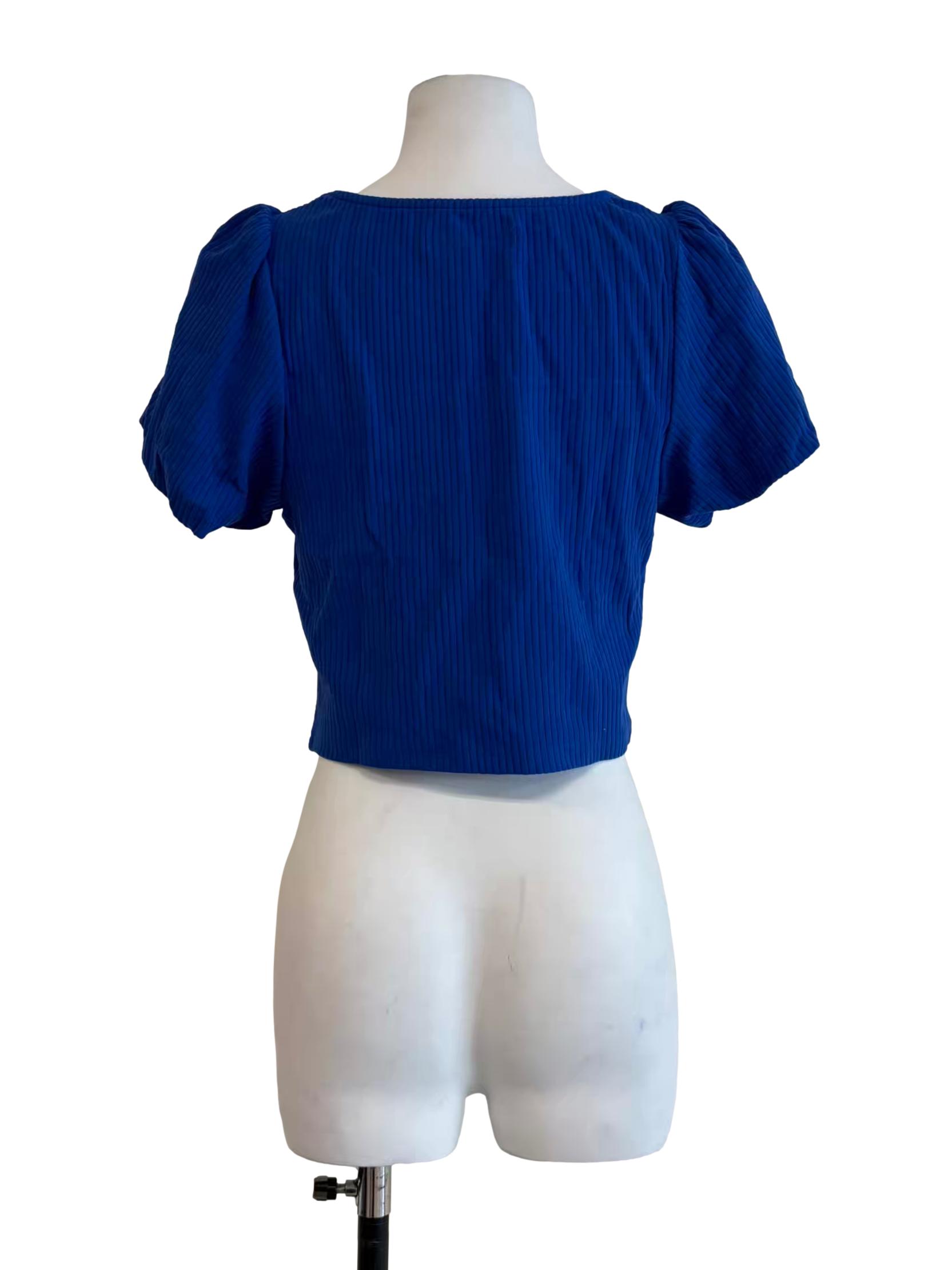 Azure Blue Puff Sleeve Ribbed Top