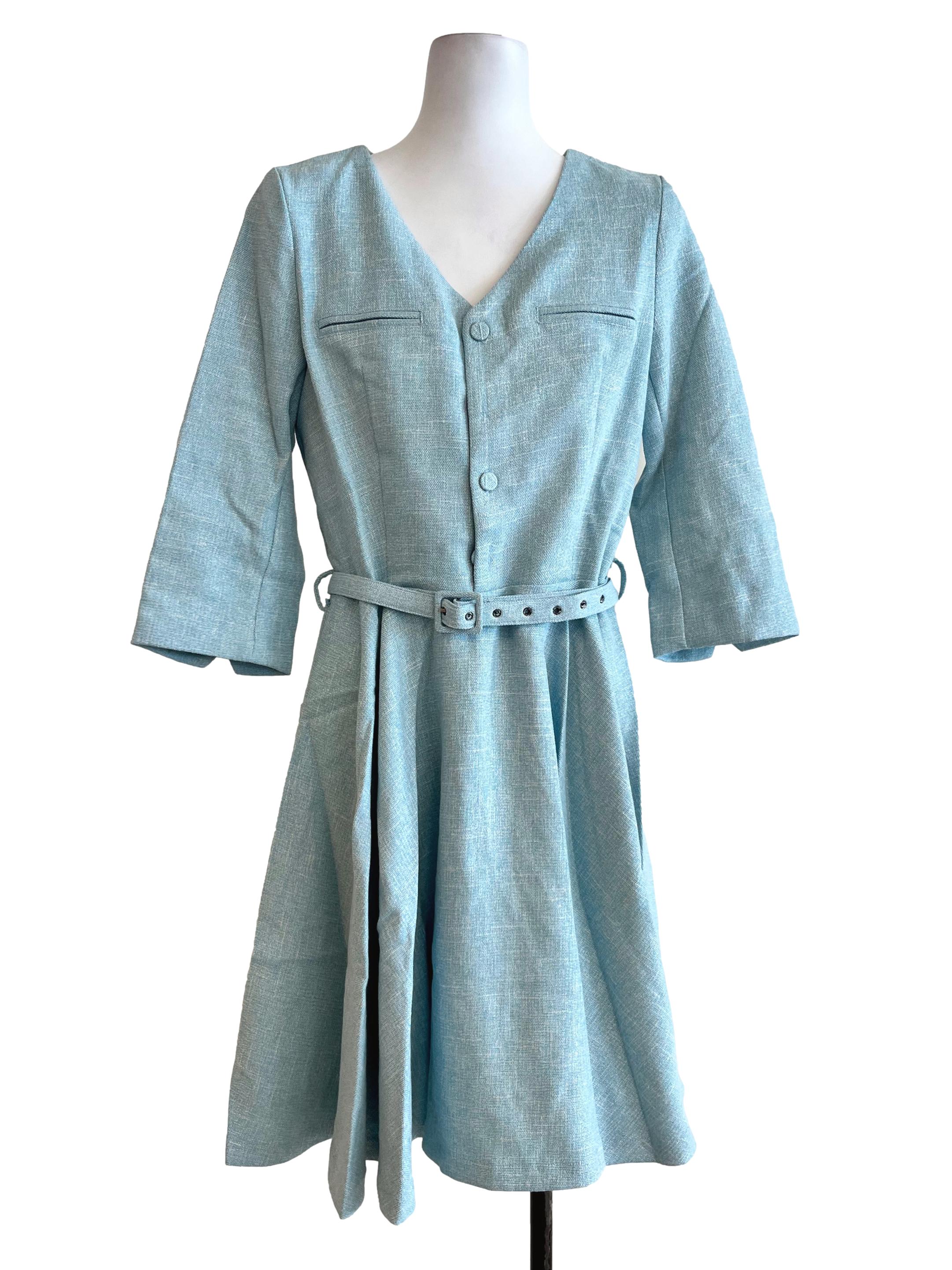 Light Blue Pattern Long Sleeves Dress