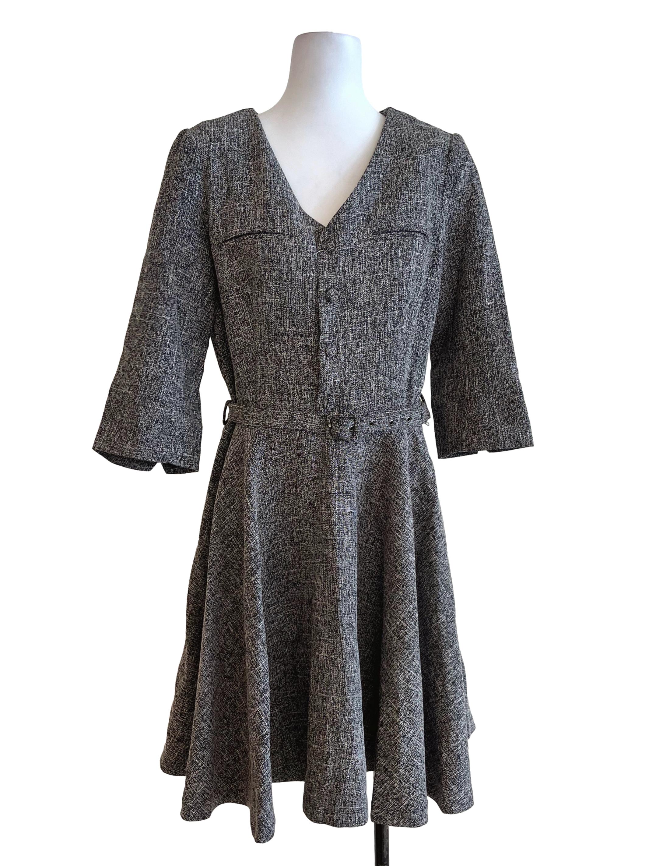 Grey Pattern V Neck Dress