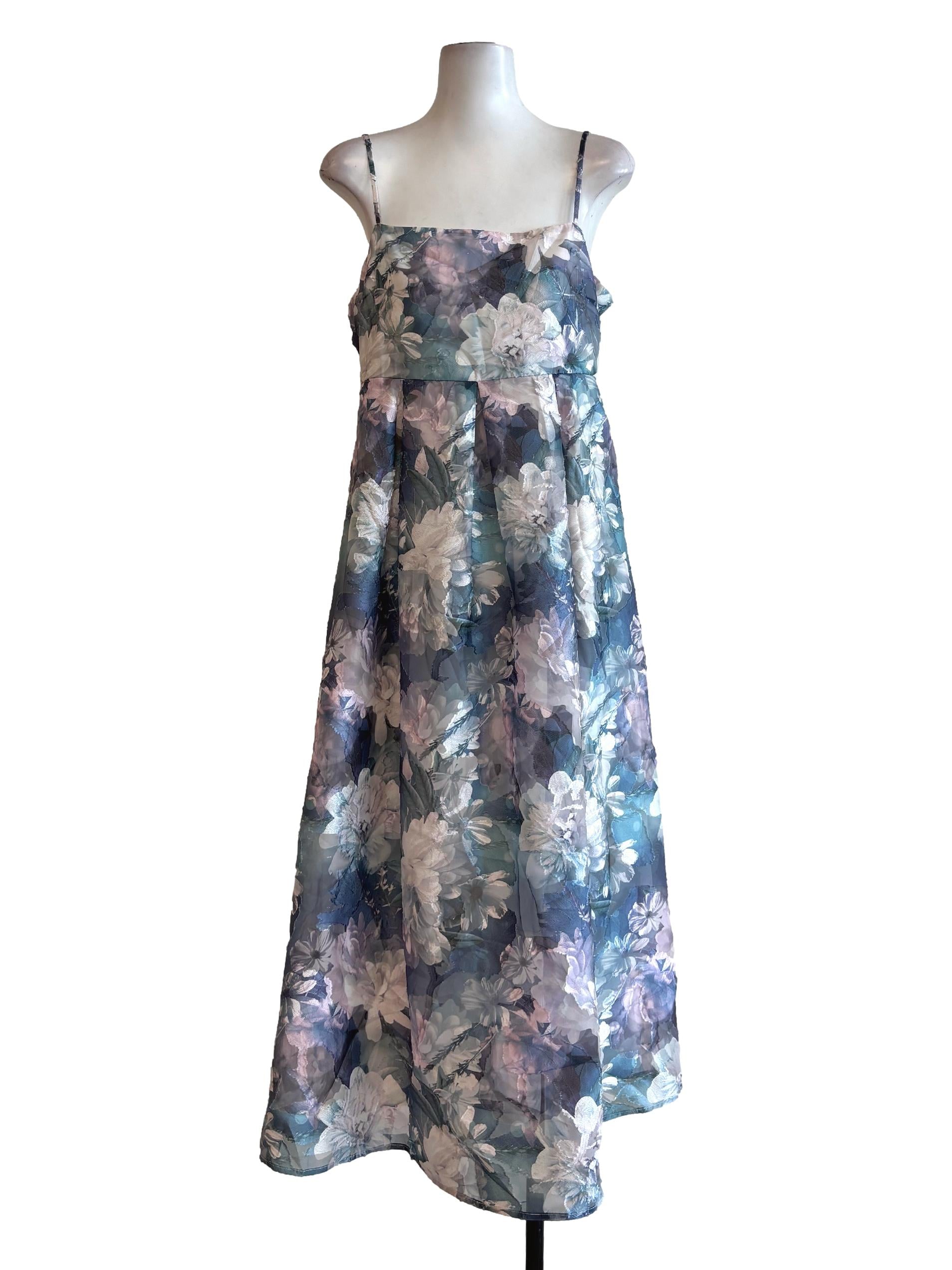 Floral Blue Patterned Spaghetti Strap Flare Dress