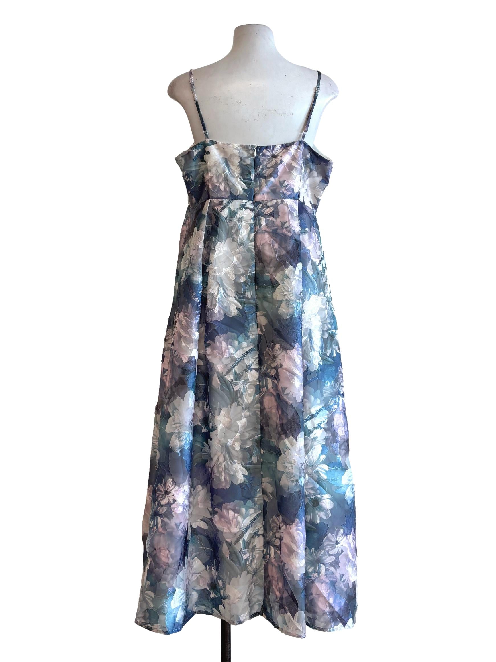 Floral Blue Patterned Spaghetti Strap Flare Dress