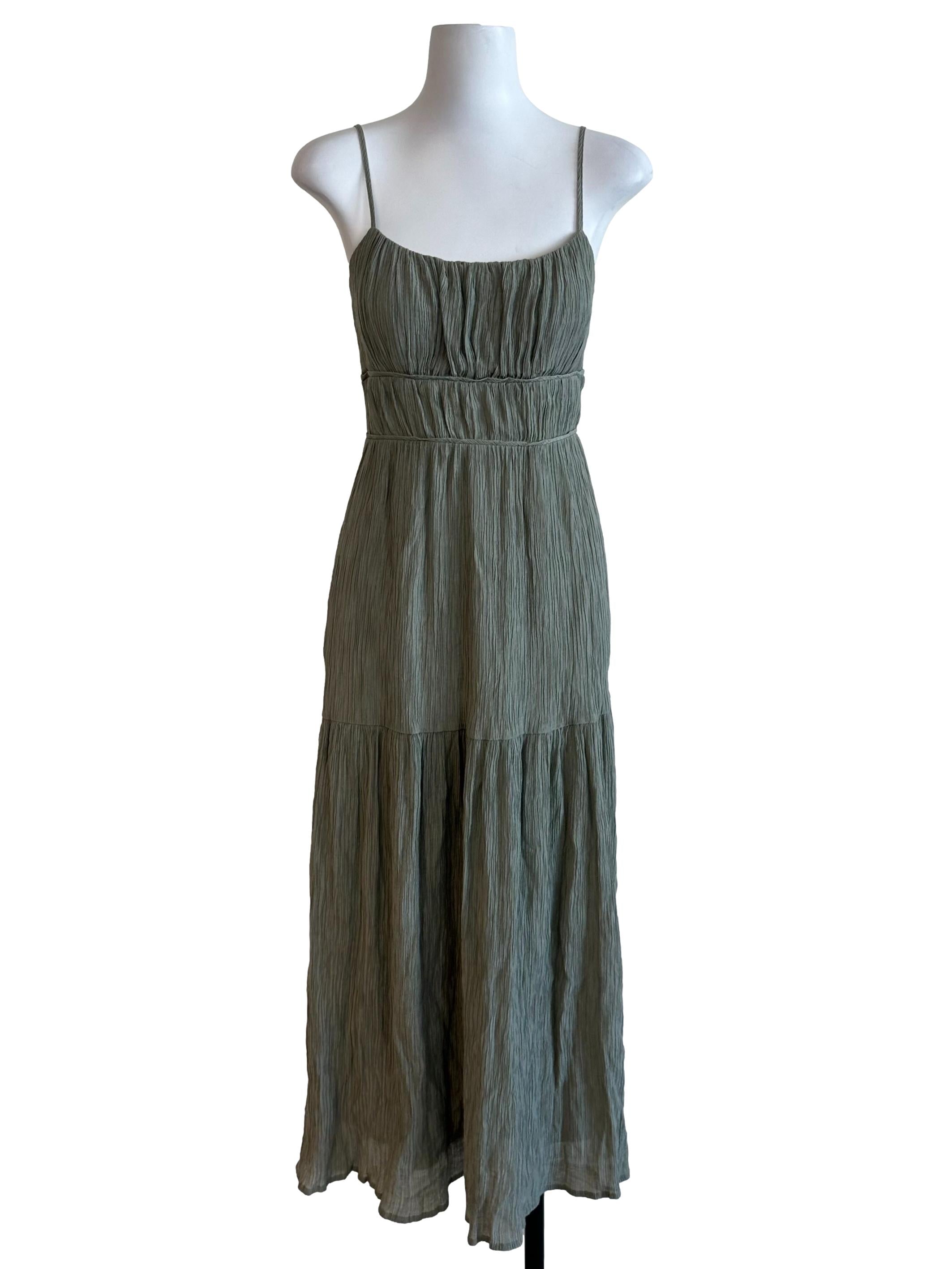 Moss Green Textured Ruched Tiered Dress